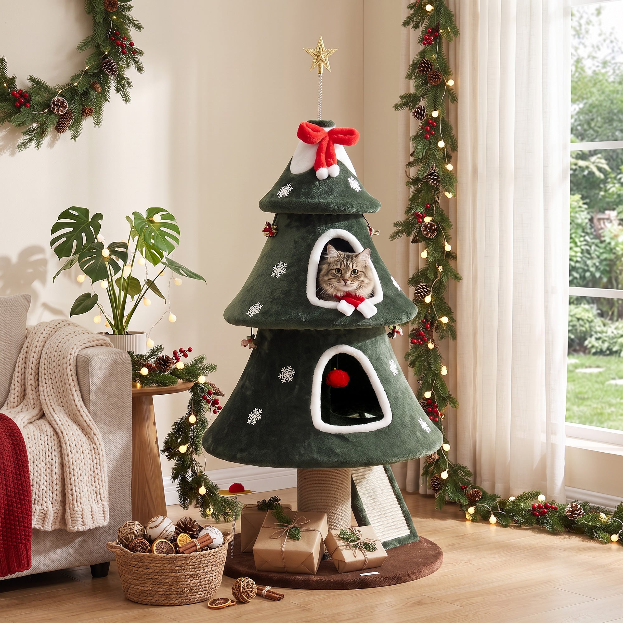 52" Christmas Cat Tree, 2-Tier Cat Tower with Dual Condos, Scratching Posts, Sisal Ladder, Anti-Tip Rope, Hanging Balls, Kitten Furniture for Indoor Cats, Green