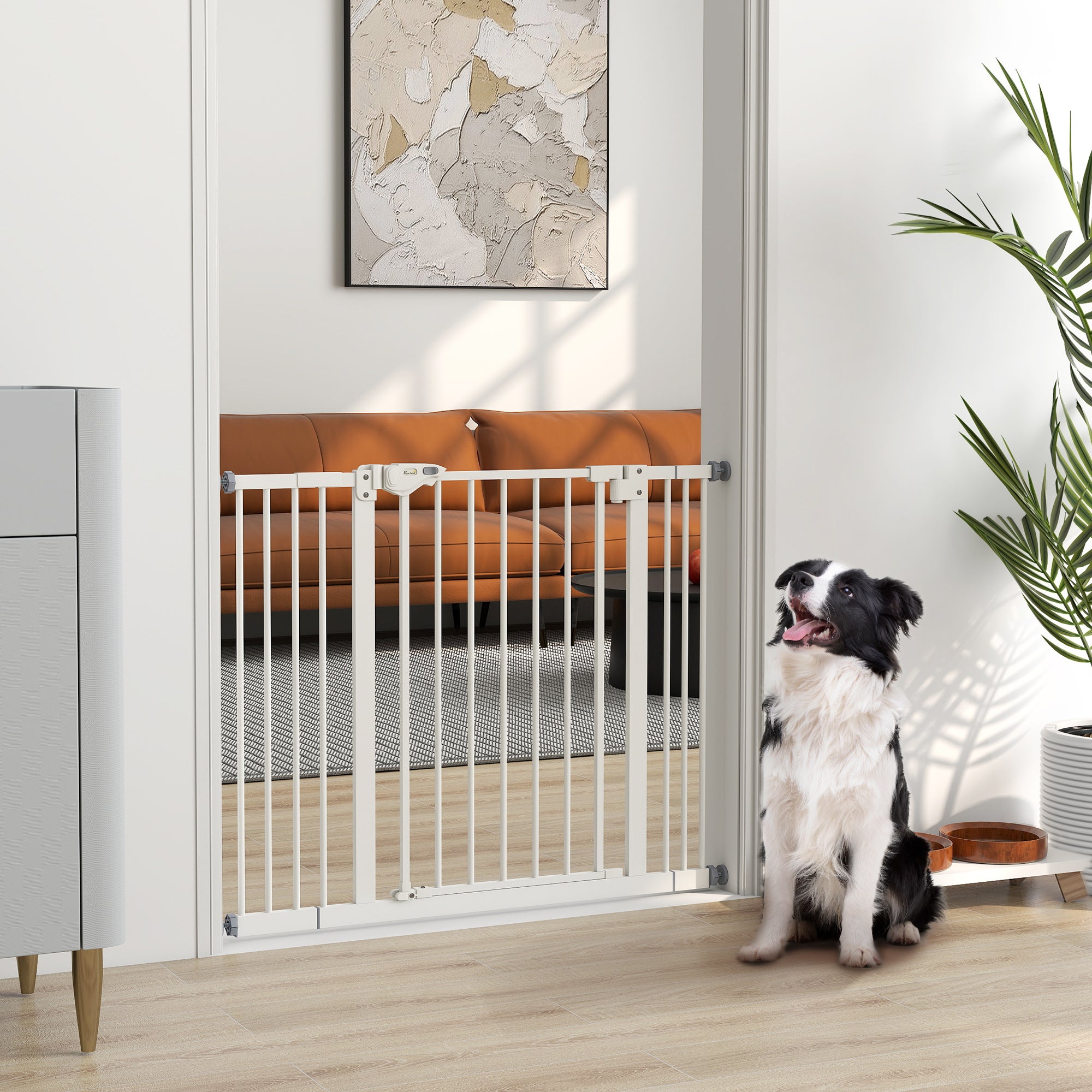29"-39" Wide Pet Gate with Door Dog Gate and Barrier Indoor for Stairs, 30 Inch Tall Pressure-Mounted Safety Gate, White