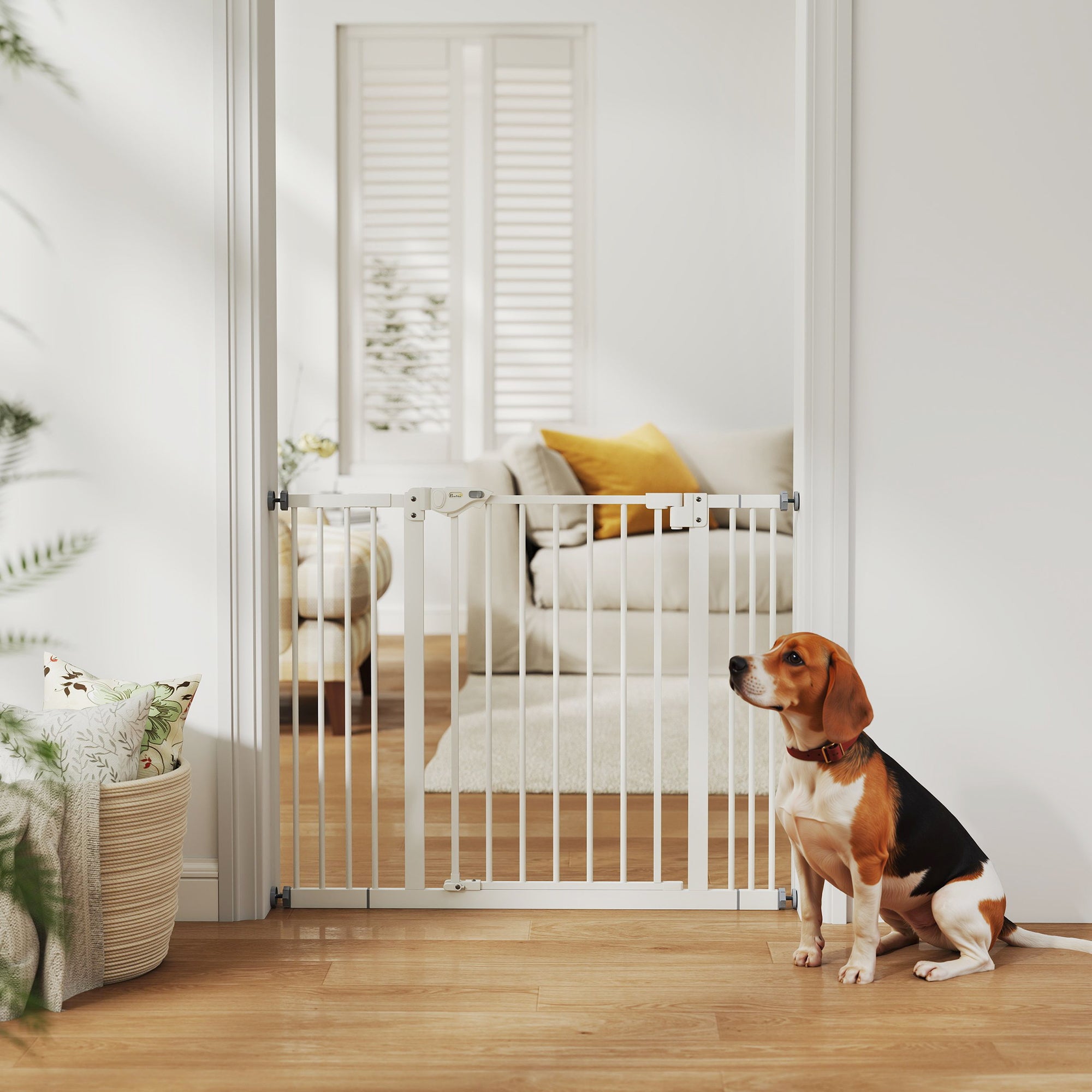 29"-39" Wide Pet Gate with Door Dog Gate and Barrier Indoor for Stairs, 30 Inch Tall Pressure-Mounted Safety Gate, White