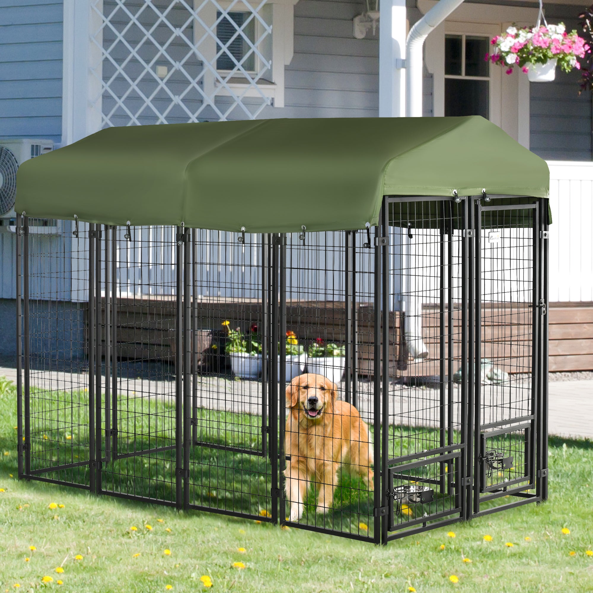 Outdoor Dog Kennel, Run, Large Wire Steel Fence, Lockable Pet Playpen Enclosure, with Water-, UV-Resistant Canopy Top, Door, Rotating Bowl Holders, 8ft x 4ft x 6ft, Green
