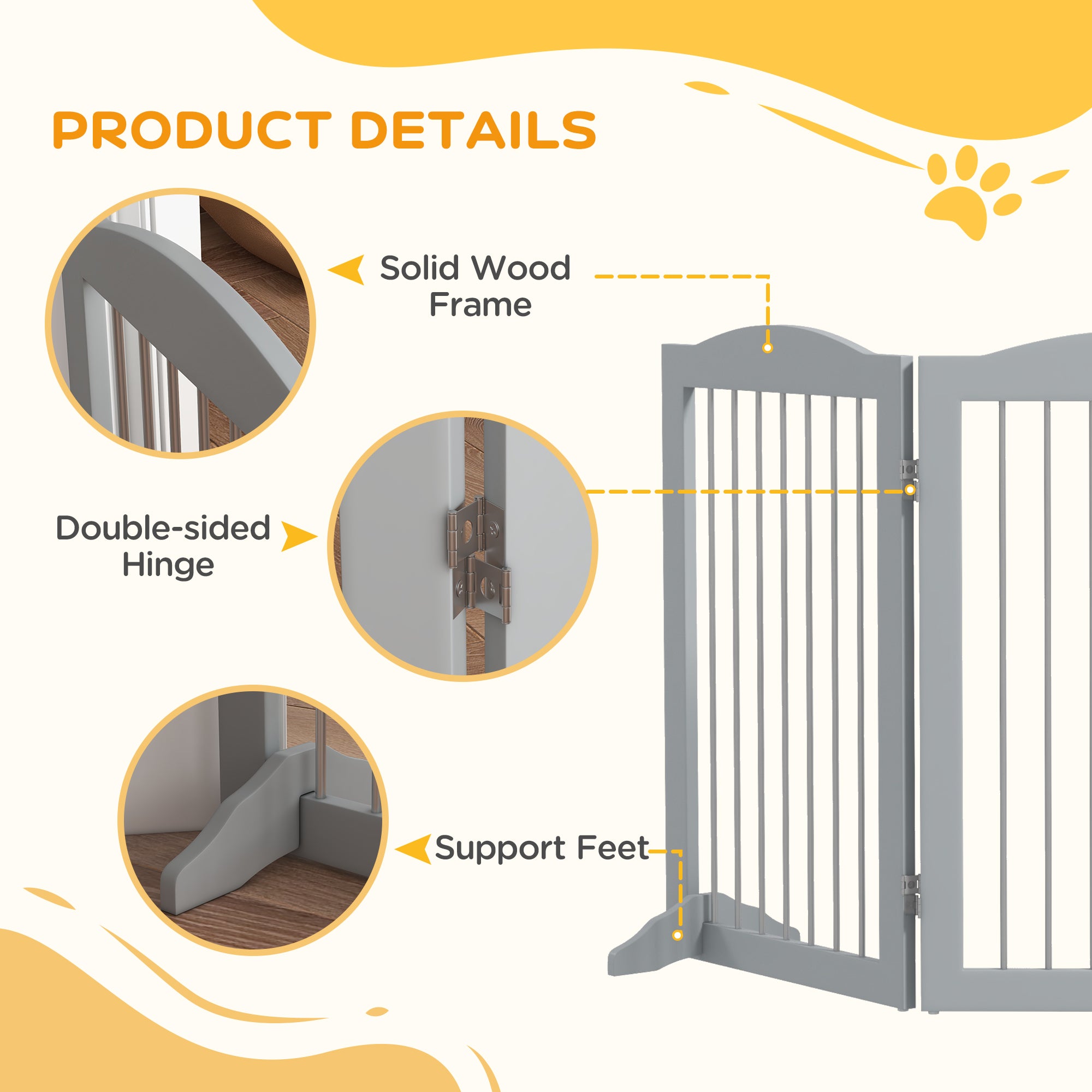 Foldable Dog Gate, Freestanding Pet Gate, Dog Barrier with Two Support Feet, for Doorways, Stairs, Halls - Grey