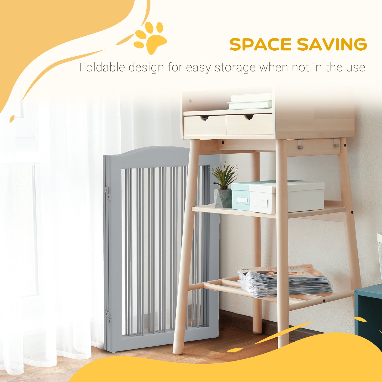 Foldable Dog Gate, Freestanding Pet Gate, Dog Barrier with Two Support Feet, for Doorways, Stairs, Halls - Grey