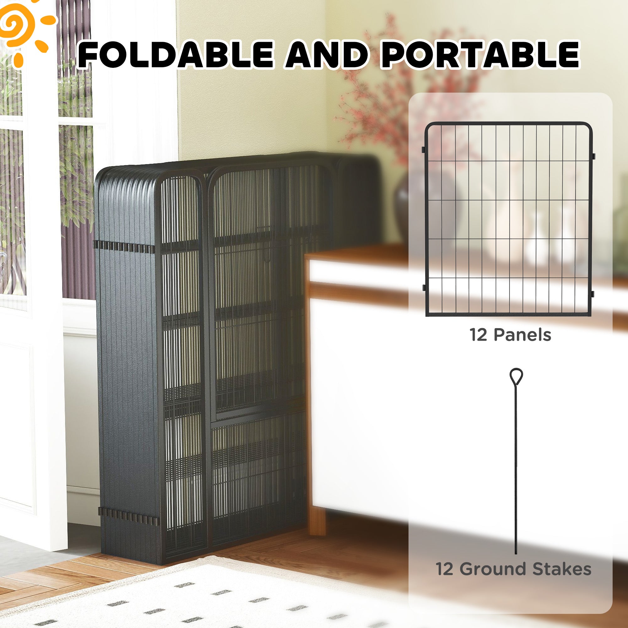 Dog Pen, 12 Panel Puppy Pen, Steel Dog Playpen, for Medium Breeds, 80cm Tall, Black