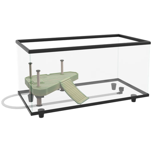 Turtle Tank, 50L Glass Turtle Aquarium with Basking Platform, Ramp, Easy Drainage, Strip Patch Thermometer, for Small Turtles, 60 x 30 x 32cm