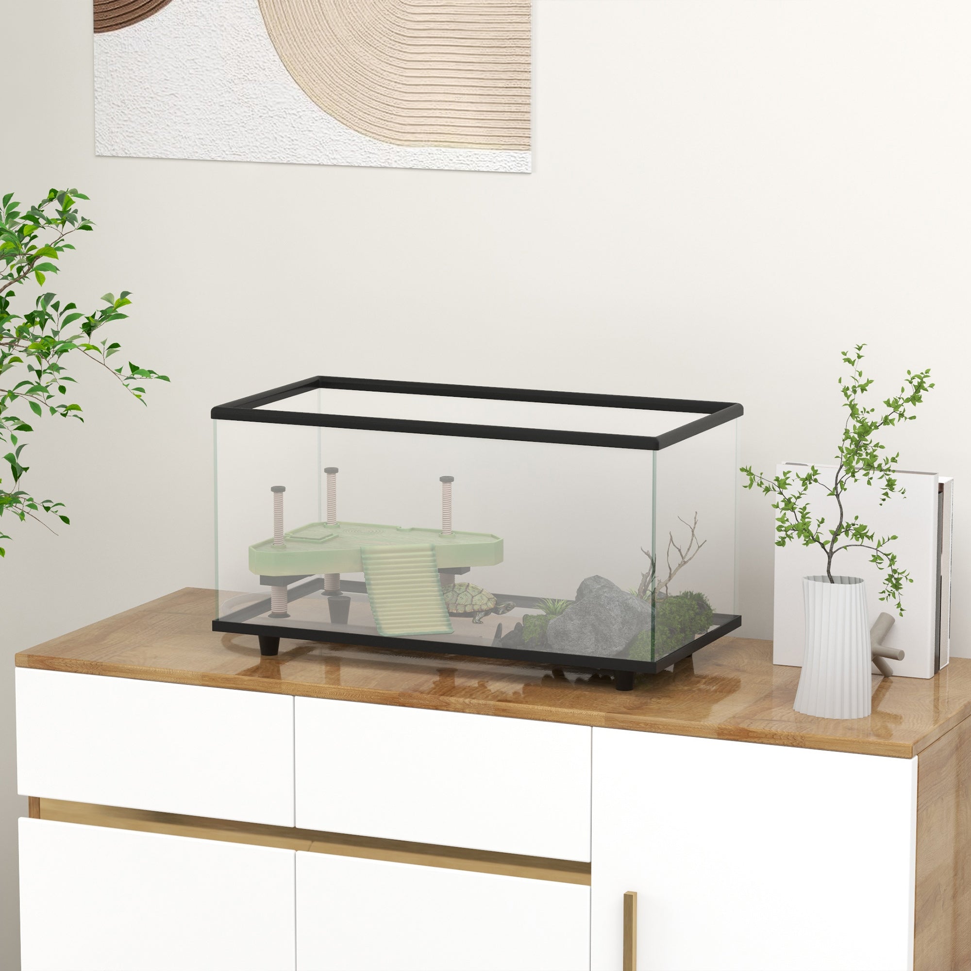 Turtle Tank, 50L Glass Turtle Aquarium with Basking Platform, Ramp, Easy Drainage, Strip Patch Thermometer, for Small Turtles, 60 x 30 x 32cm