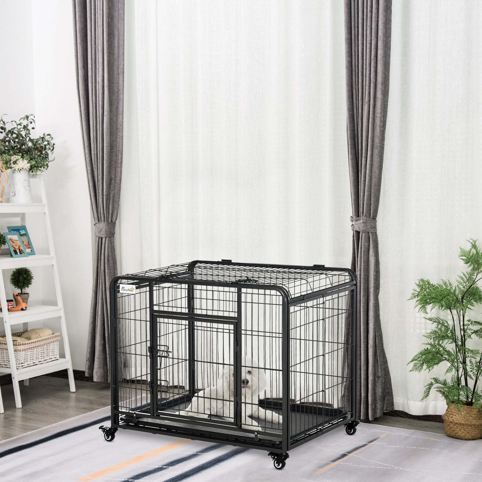 Metal Dog Cage Kennel Locking Door & Wheels Removable Tray Openable Top For Medium Pets 94 x 58 x 69.5 cm