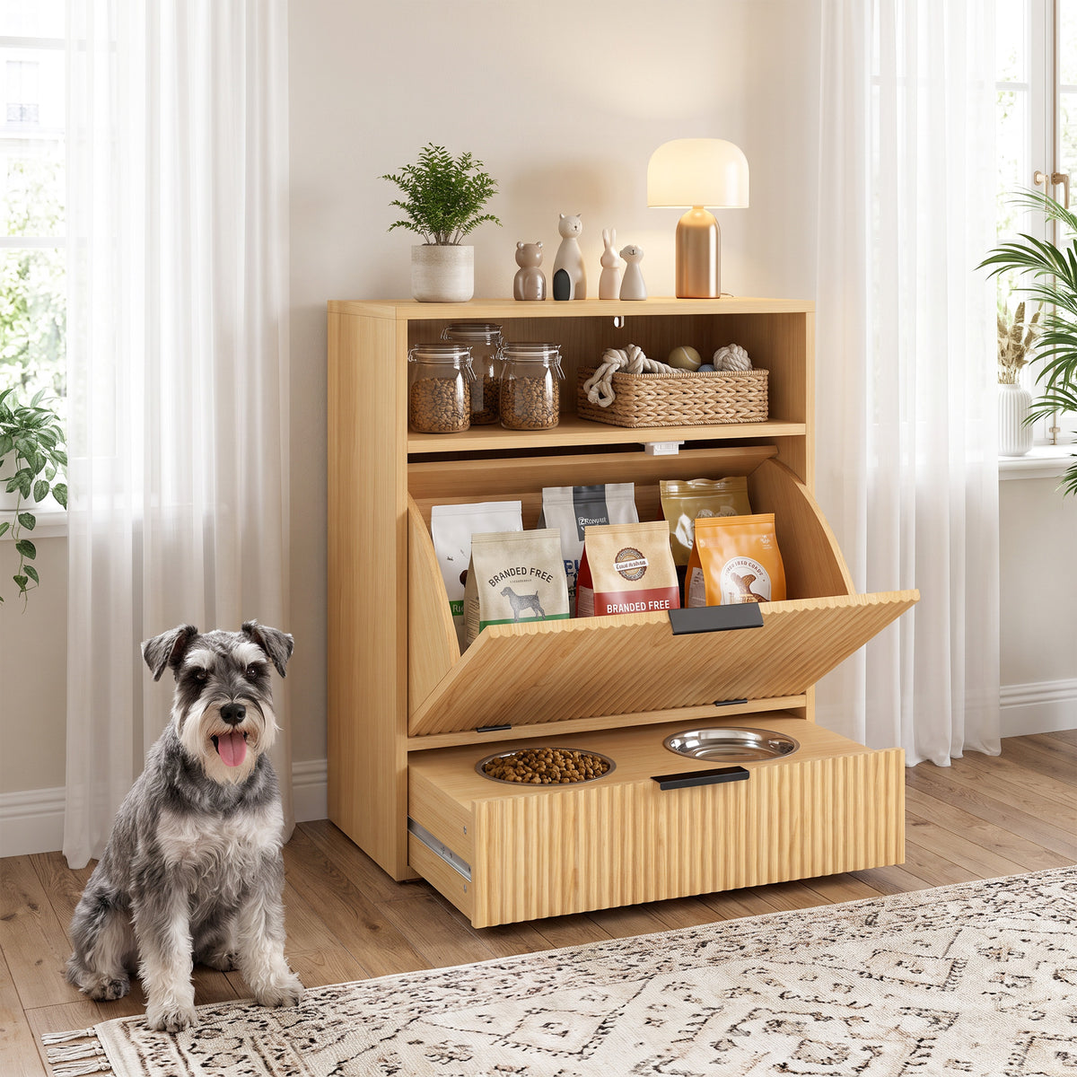 Pet Feeder Station with Storage, Dog Food Storage Container w/ 2 Raised Stainless Steel Bowls, Tilt Out Cabinet, Slow Feeder Mat for Water & Food, Pet Feeding Station for Small Medium, Oak