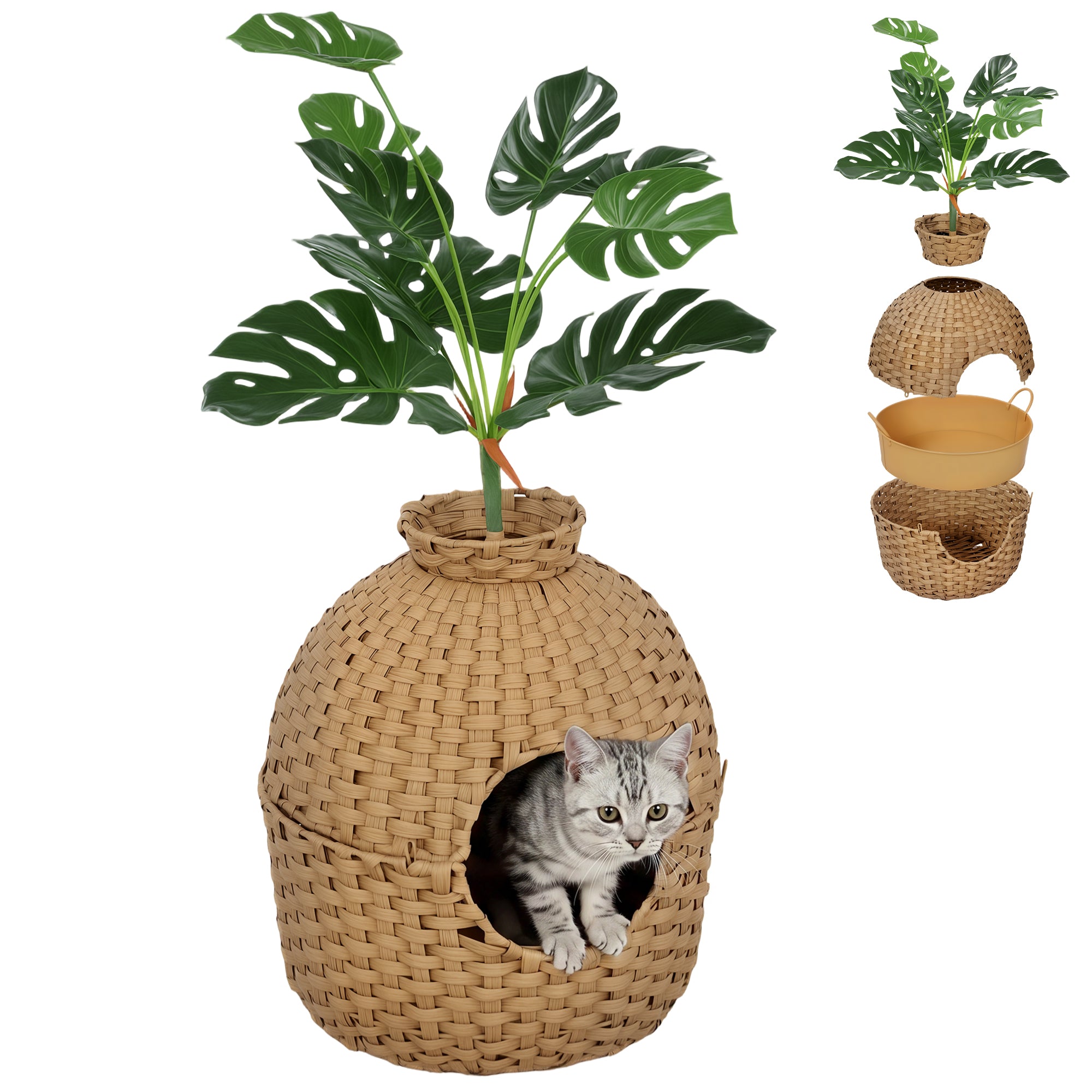 Hidden Cat Litter Box Plant Furniture Enclosure with Faux Plant & Stainless Steel Tray, Decorative Rattan Planter Cat Bed,  Odor Control Filter & Real Stones, for Bedroom, Living Room, Corner