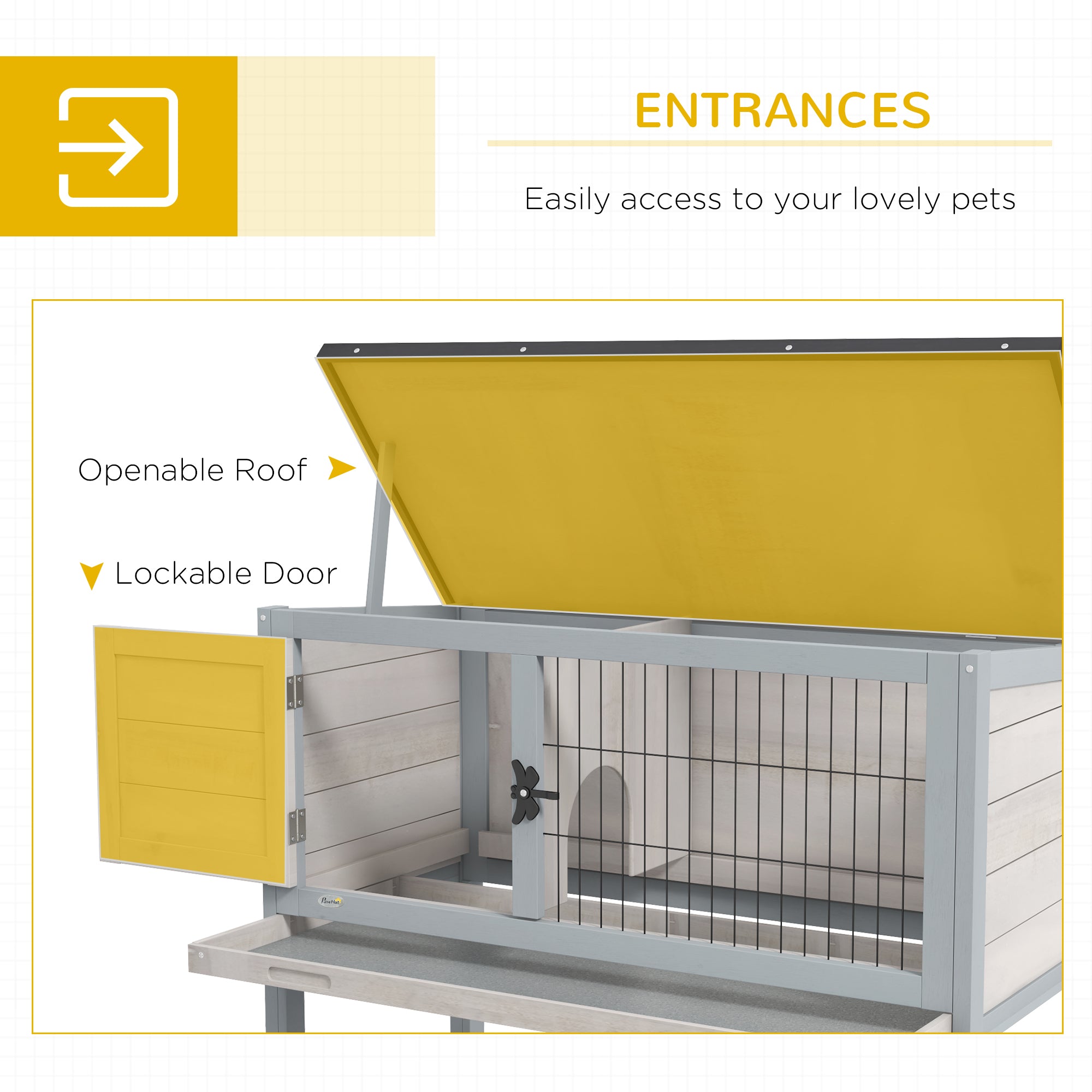 PawHut Elevated Wooden Rabbit Hutch, Indoor/Outdoor Bunny Cage with Hinged Asphalt Roof and Removable Tray for Guinea Pig, Gray