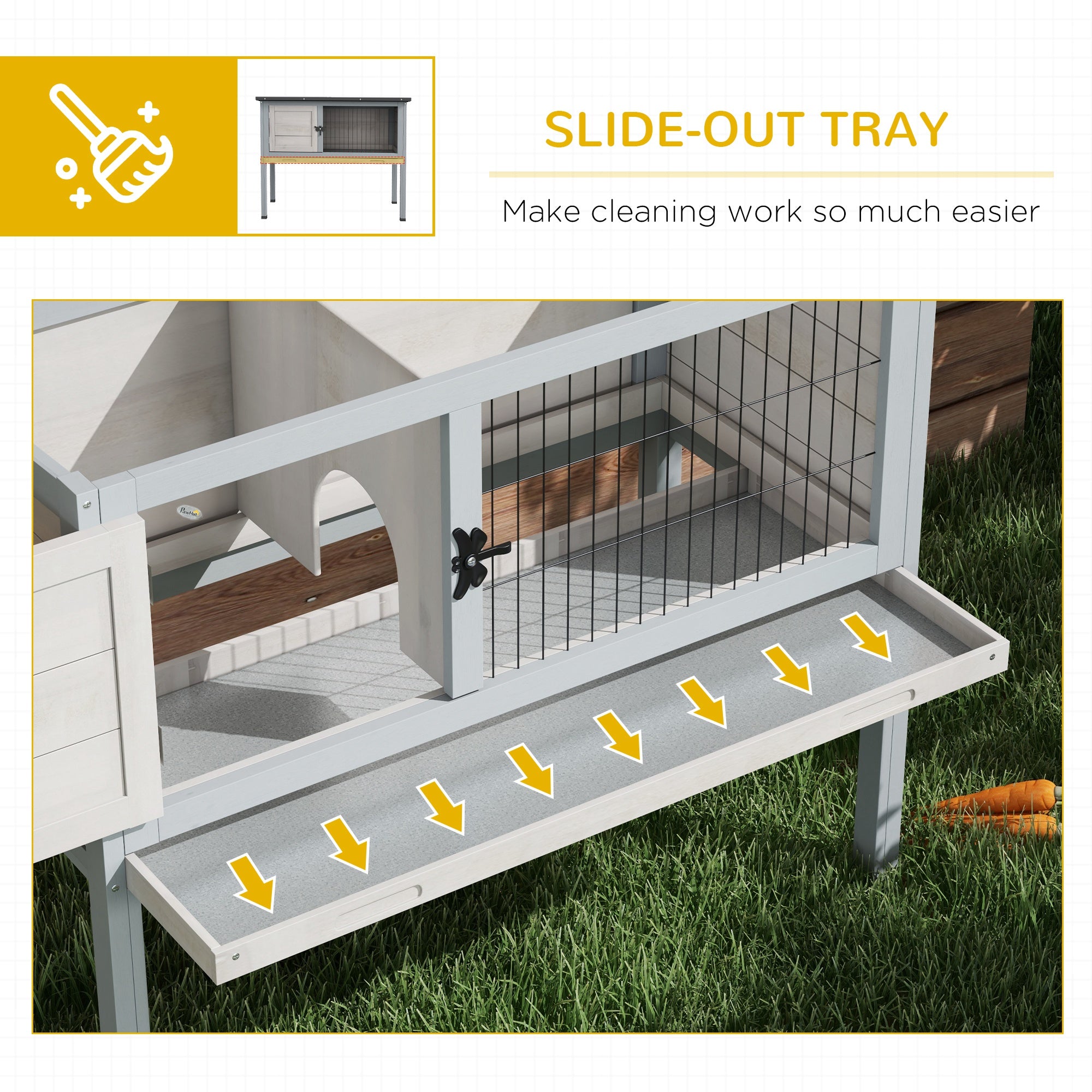 Wooden Rabbit Hutch Bunny Small Animal House with Openable Asphalt Roof, Slide-out Tray, Indoor/Outdoor, Light Grey