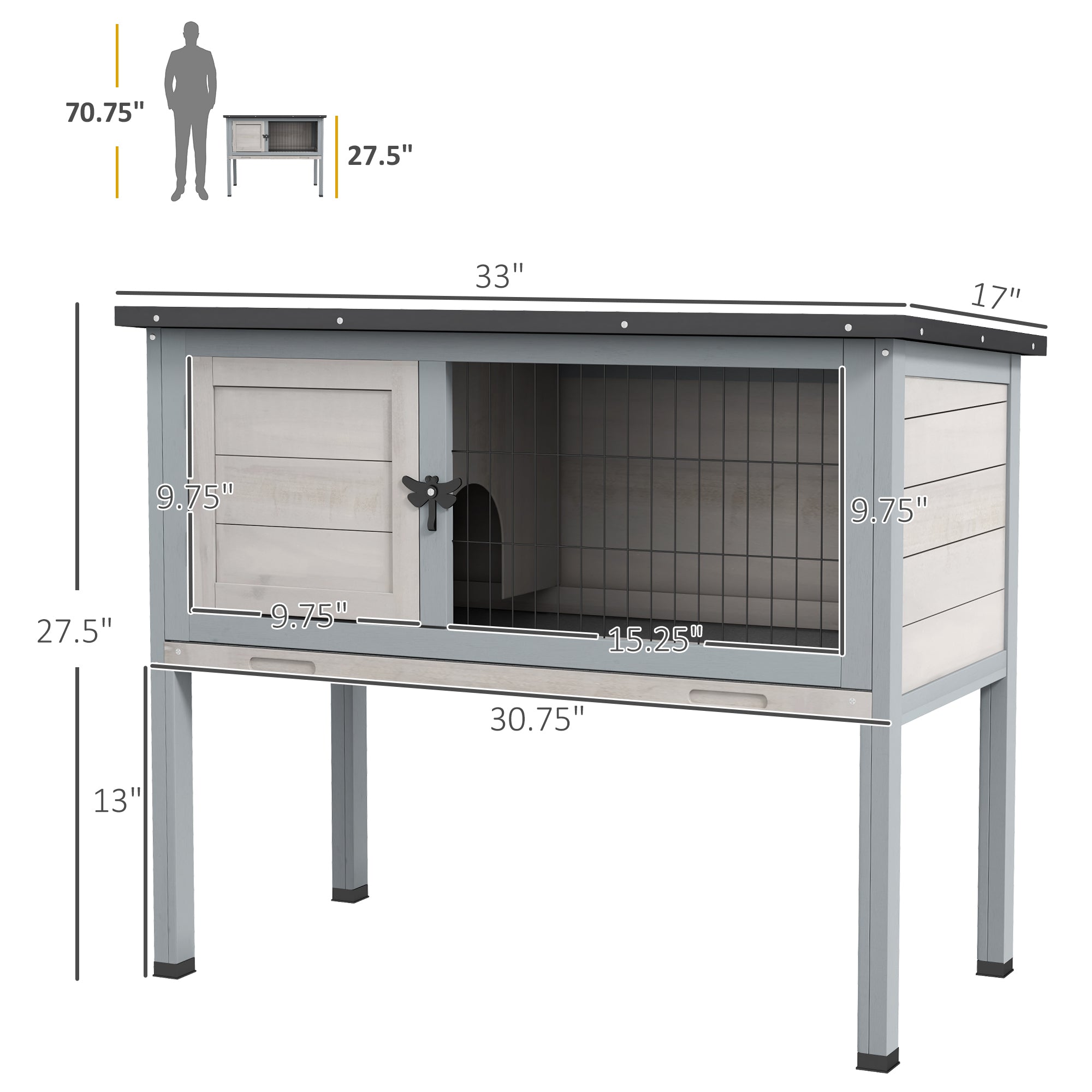 PawHut Elevated Wooden Rabbit Hutch, Indoor/Outdoor Bunny Cage with Hinged Asphalt Roof and Removable Tray for Guinea Pig, Gray