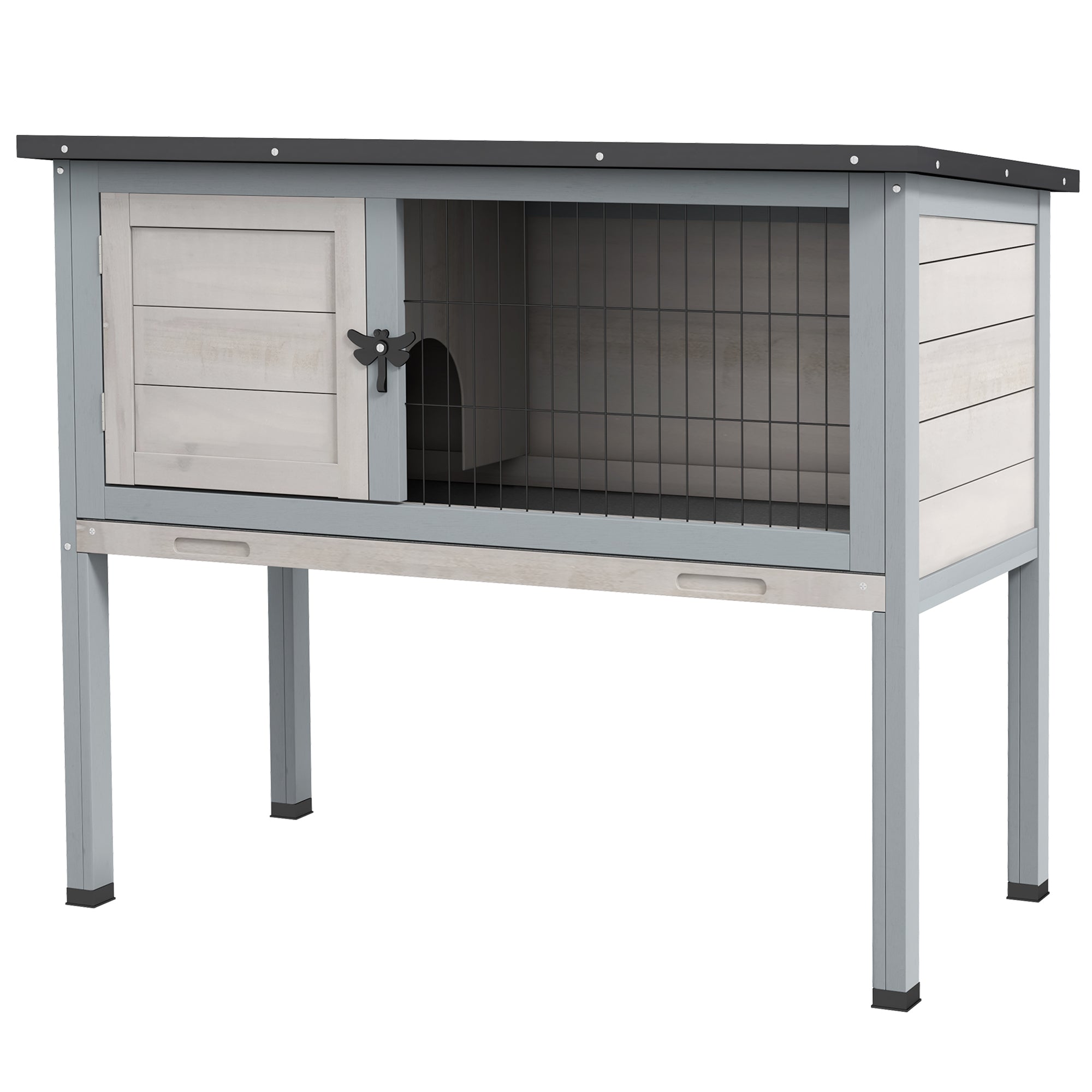 Wooden Rabbit Hutch Bunny Small Animal House with Openable Asphalt Roof, Slide-out Tray, Indoor/Outdoor, Light Grey
