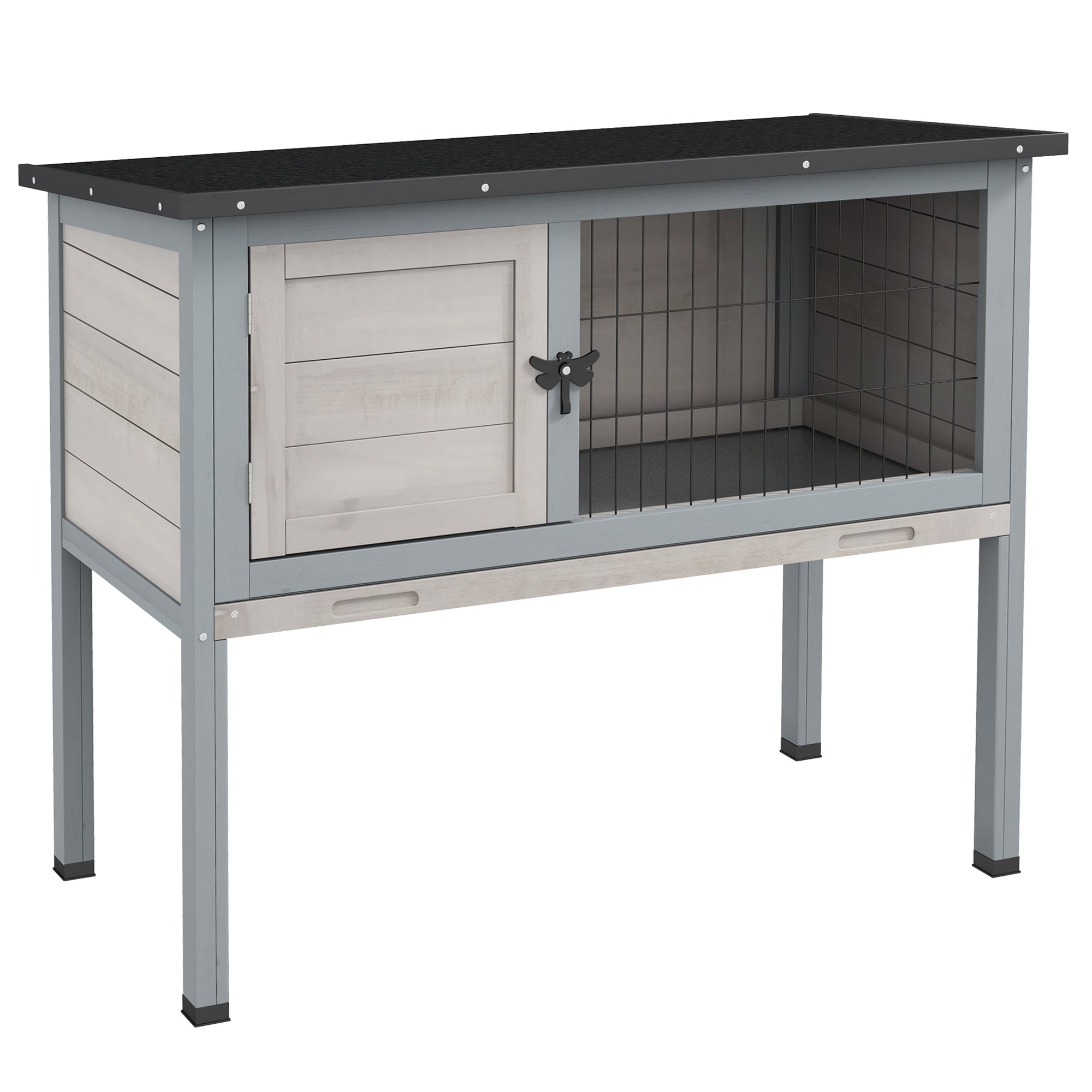 Wooden Rabbit Hutch Bunny Small Animal House with Openable Asphalt Roof, Slide-out Tray, Indoor/Outdoor, Light Grey