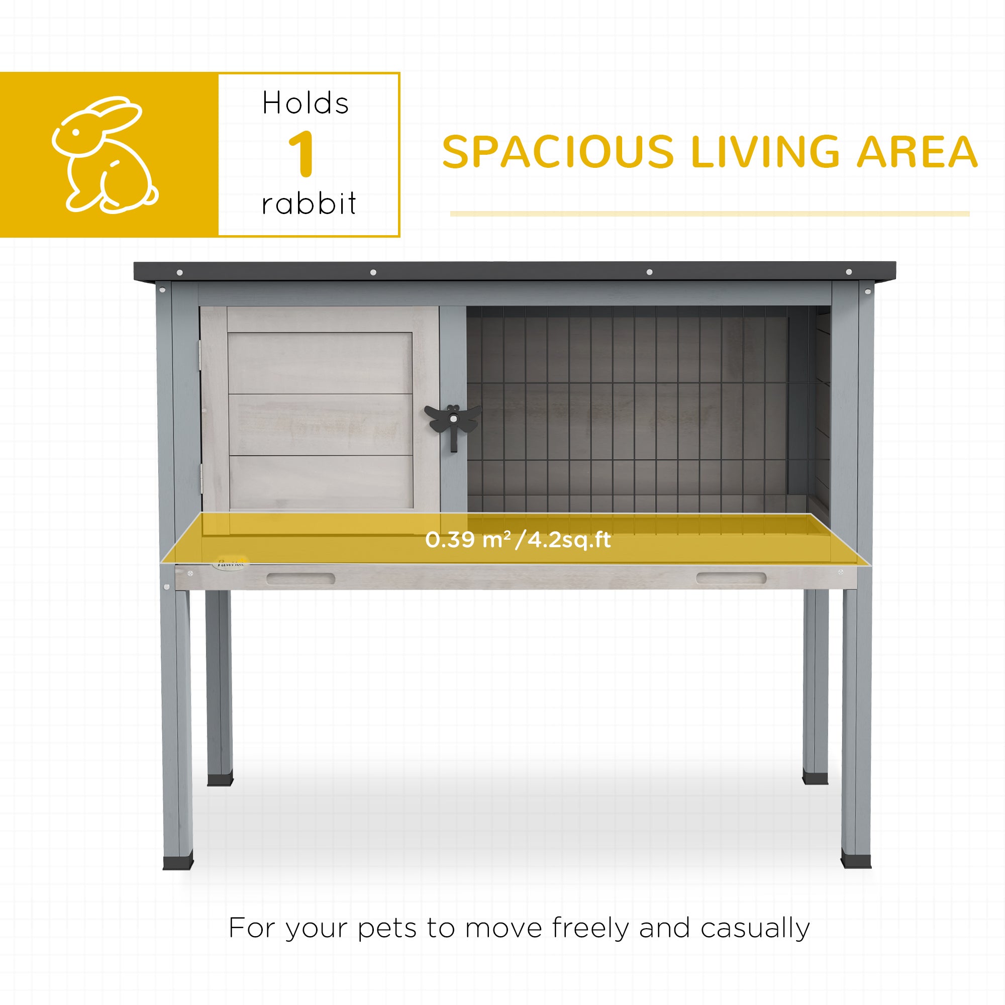 PawHut Elevated Wooden Rabbit Hutch, Indoor/Outdoor Bunny Cage with Hinged Asphalt Roof and Removable Tray for Guinea Pig, Gray