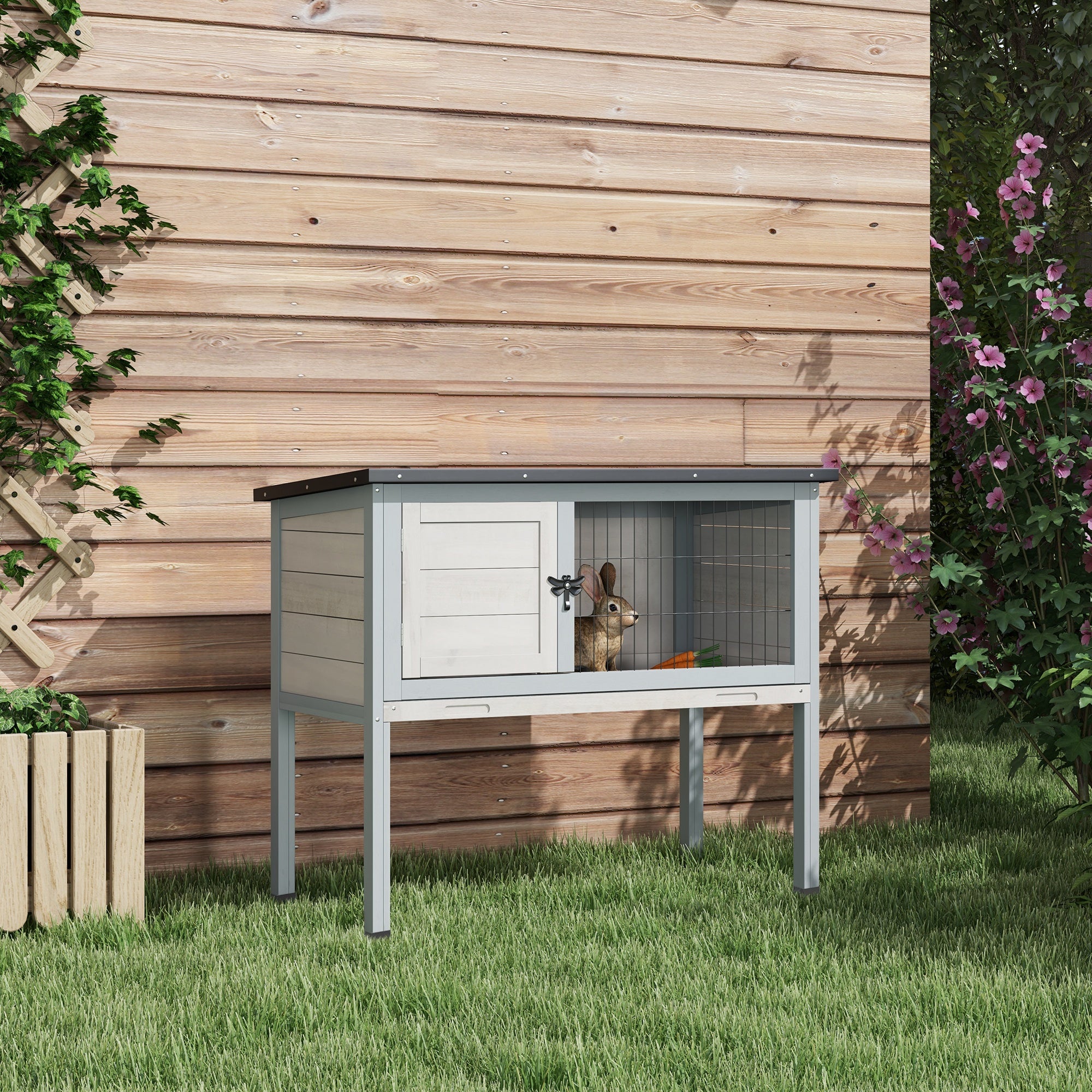 Wooden Rabbit Hutch Bunny Small Animal House with Openable Asphalt Roof, Slide-out Tray, Indoor/Outdoor, Light Grey