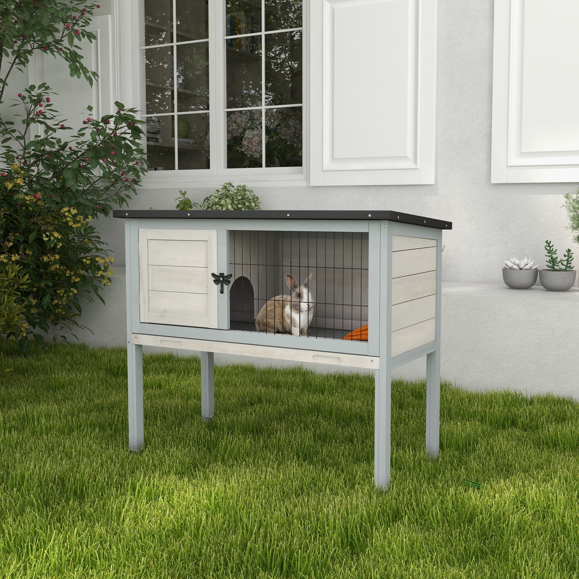 PawHut Elevated Wooden Rabbit Hutch, Indoor/Outdoor Bunny Cage with Hinged Asphalt Roof and Removable Tray for Guinea Pig, Gray