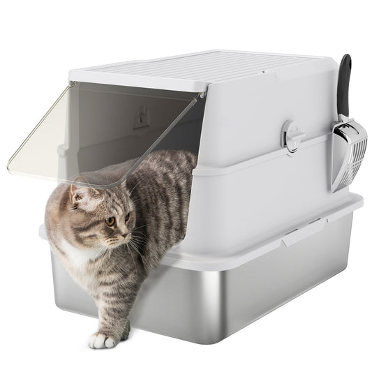 XL Stainless Steel Cat Litter Box with Lid, Extra Large Enclosed Metal Litter Box for Big Cats with Scoop, Flip Top, Easy Clean & No Odors, Non-Sticky