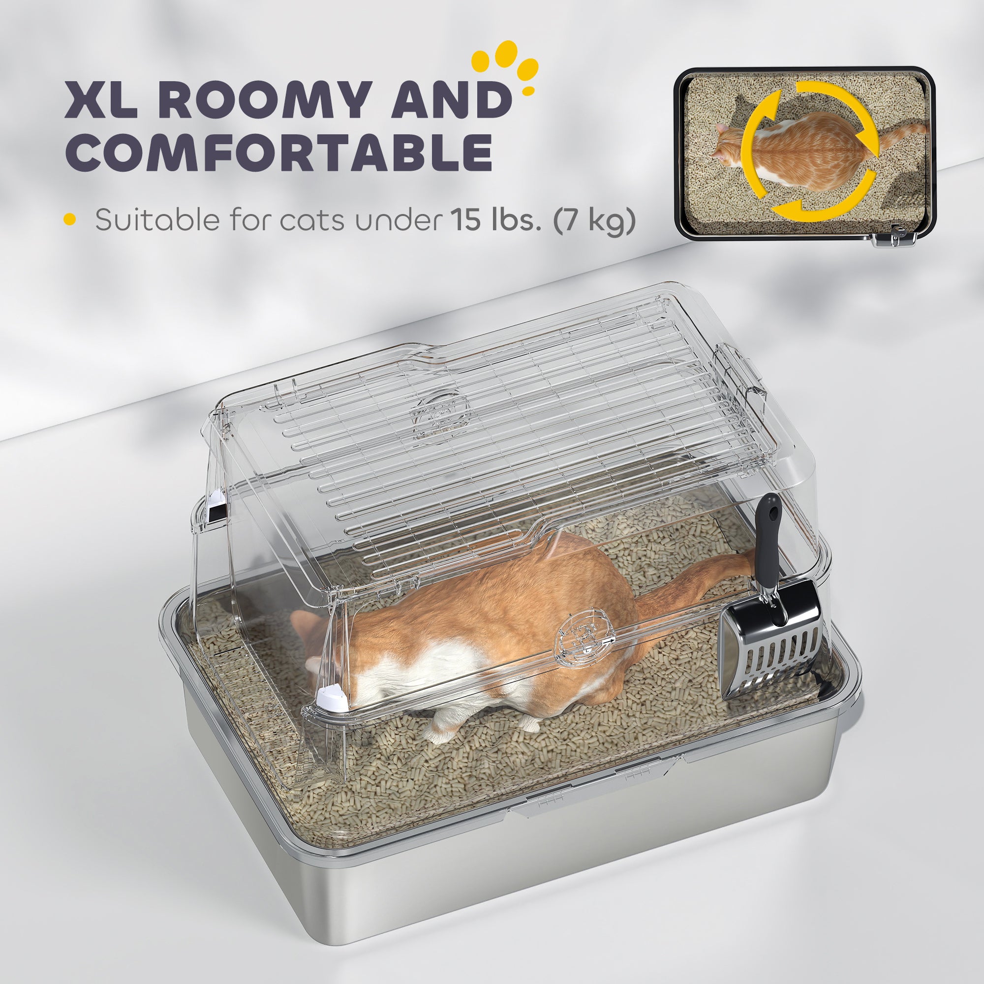 XL Stainless Steel Cat Litter Box with Lid, Extra Large Enclosed Metal Litter Box for Big Cats with Scoop, Flip Top, Easy Clean & No Odors, Non-Sticky