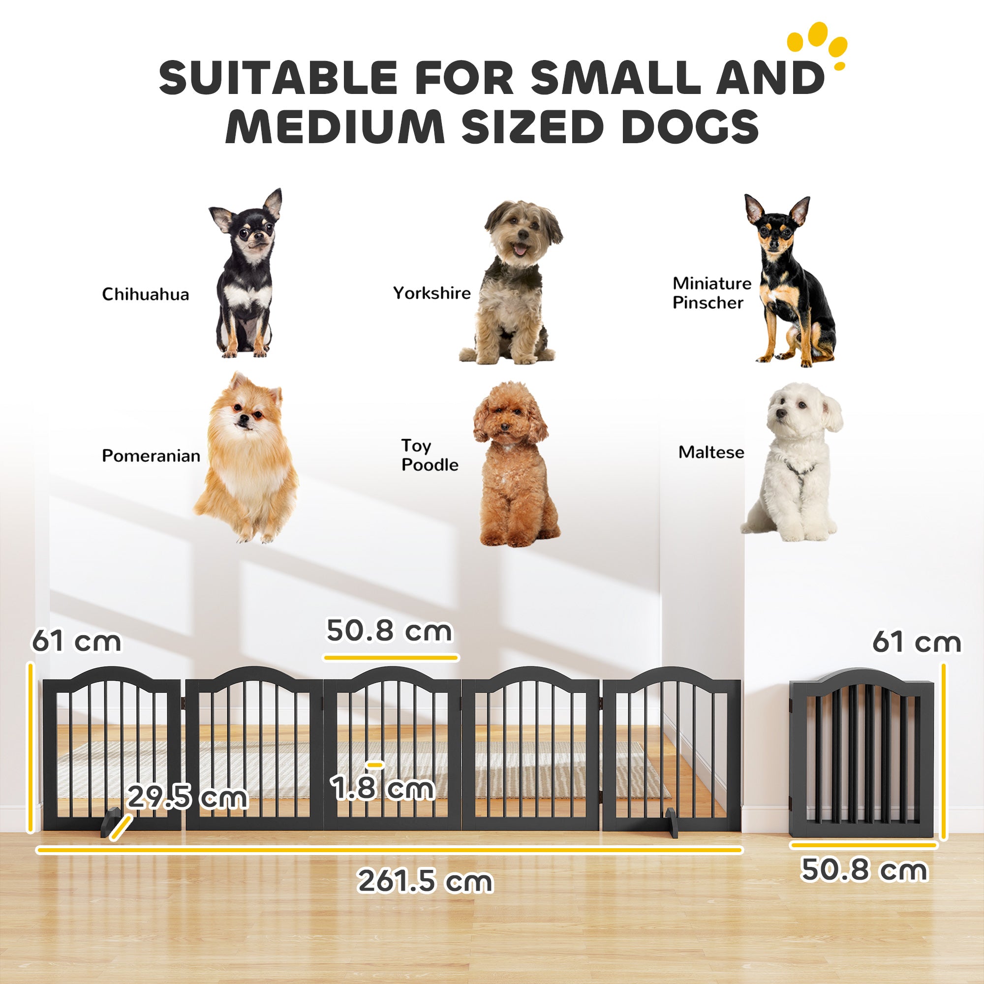 Wooden Foldable Dog Gate Panel Pet Fence Freestanding Safety Barrier for the House, Doorway, Stairs (Black)