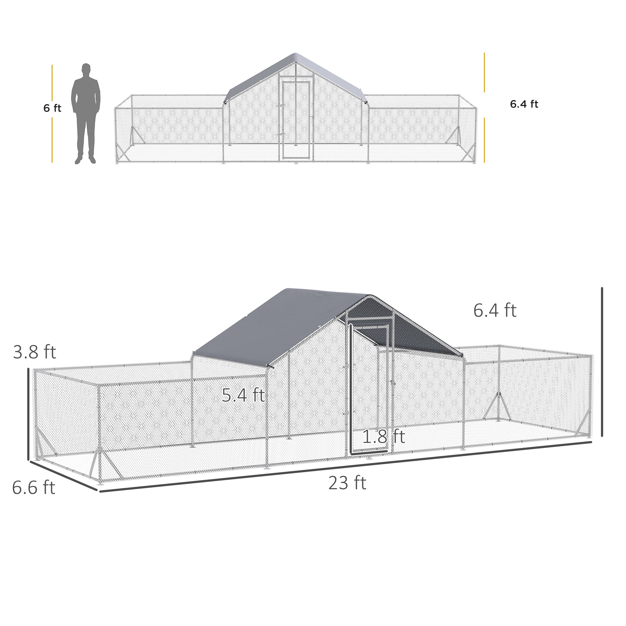 Large Chicken Coop Metal Chicken Run for Chickens with Waterproof and Anti-UV Cover, Spire Shaped Walk in Fence Cage Hen House for Outdoor and Yard Farm Use, 1" Dia, 23' x 6.6' x 6.4'