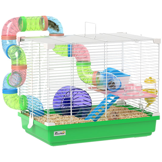 2 Tier Hamster Cage, Gerbil Cage with Handle, Exercise Wheels, Tunnel, Water Bottle, Dishes, Ladder, for Dwarf Hamster, Green