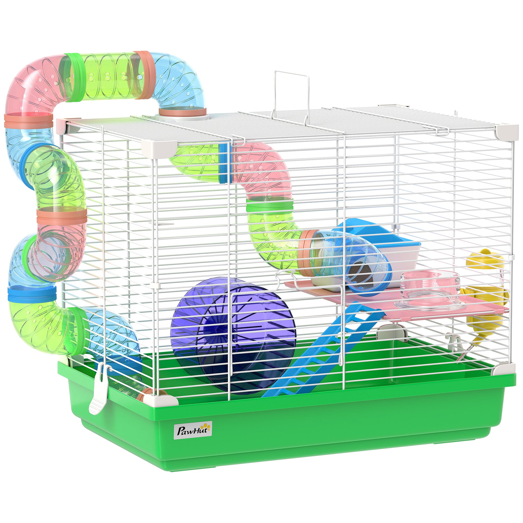 18"L Hamster Cage, Small Animal House, 2-Level Rat Gerbil Haven with Tunnel Tube System, Exercise Wheel, Water Bottle, Food Dish, Ramp, Green