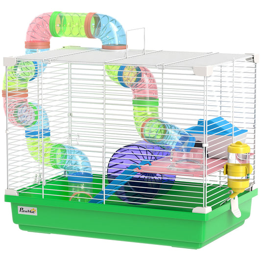 2 Tier Hamster Cage, Gerbil Cage with Handle, Exercise Wheels, Tunnel, Water Bottle, Dishes, Ladder, for Dwarf Hamster, Green