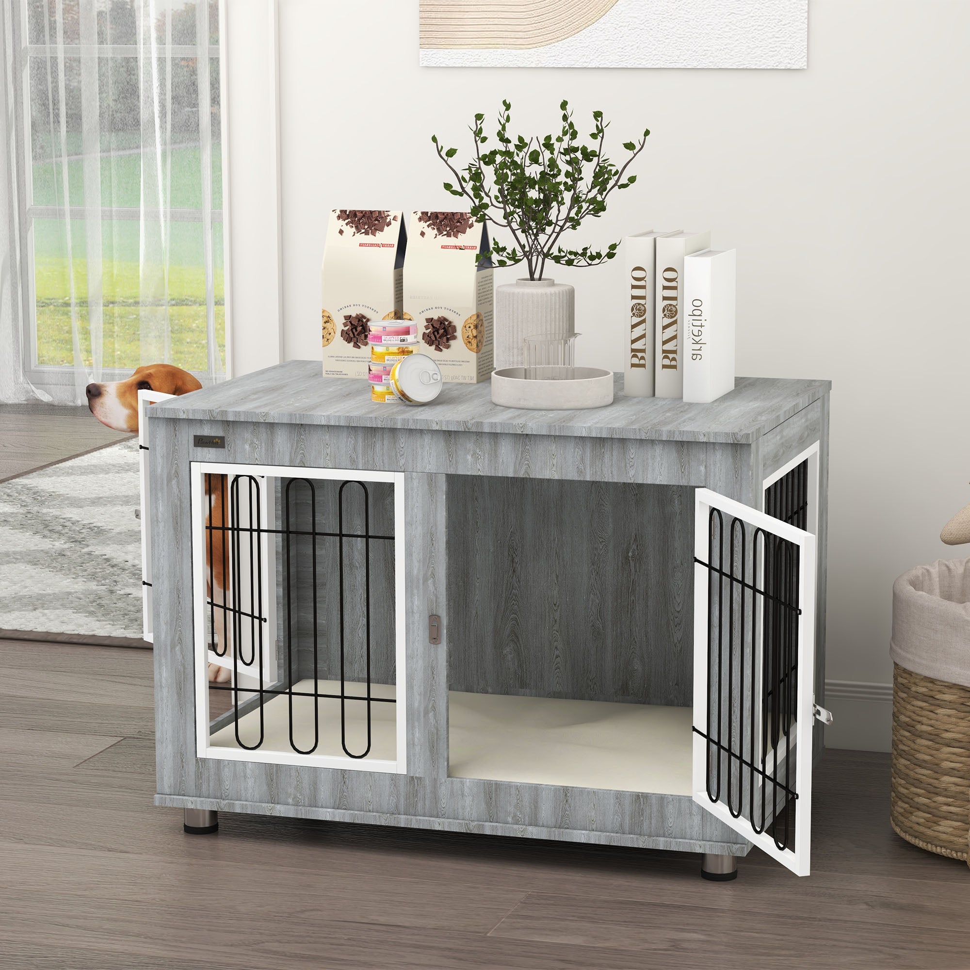 Dog Crate Furniture, Indoor Dog Kennel Side End Table with Cushion, Double Doors, for Medium and Large Breeds, 90 x 58 x 65 cm, Grey