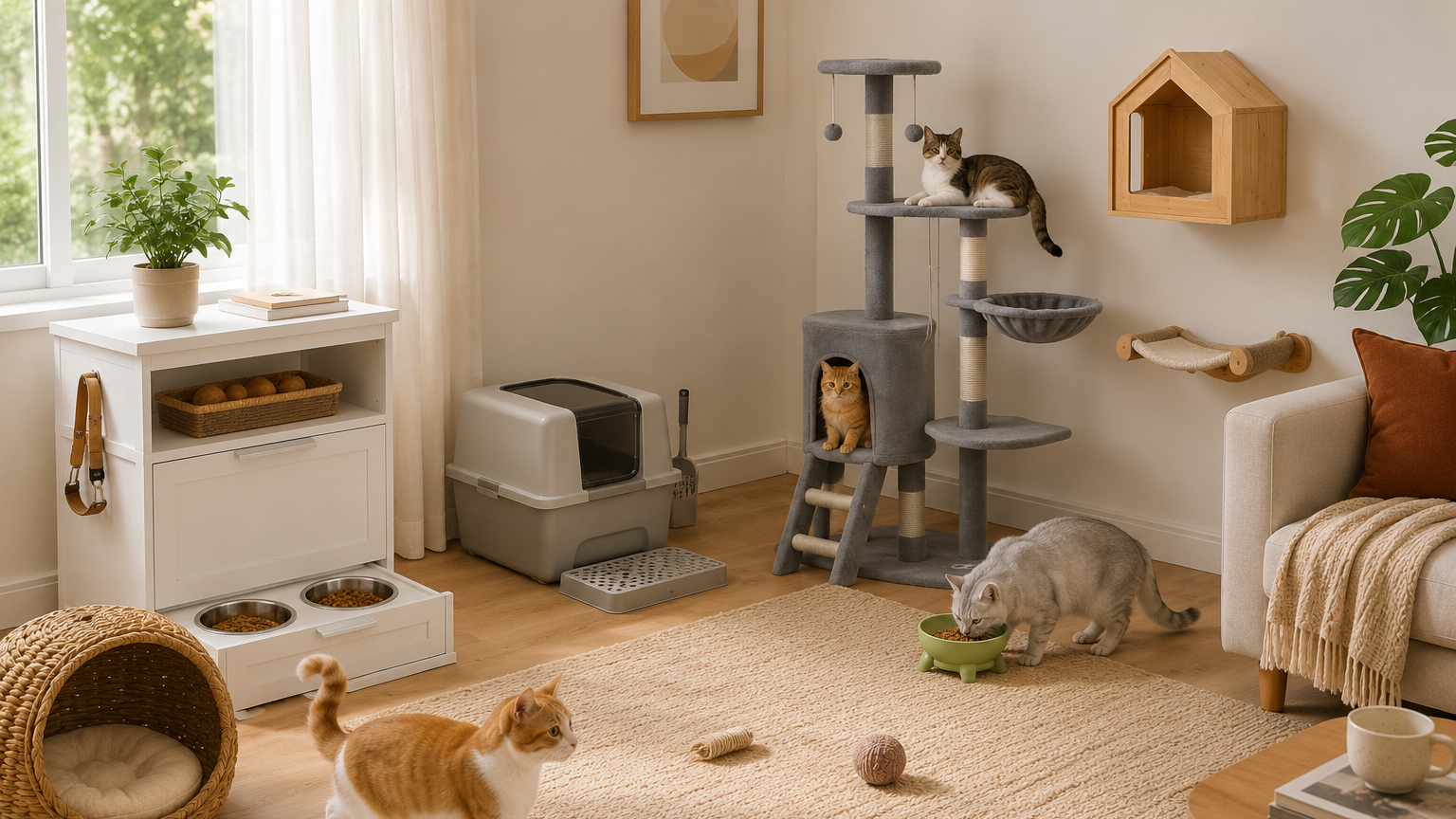 Cat play area with a cat tree, toys, and a litter box in a home setting.