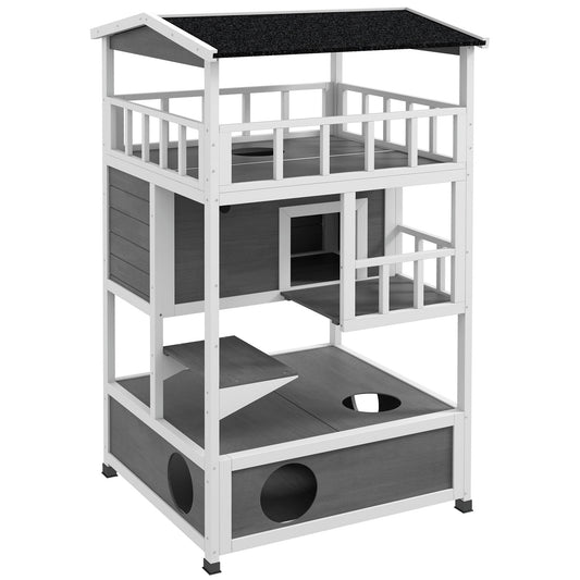 PawHut Wooden Outdoor Cat House, Feral Cat Shelter Kitten Condo with Asphalt Roof, Escape Doors, Condo, Jumping Platform, Light Gray