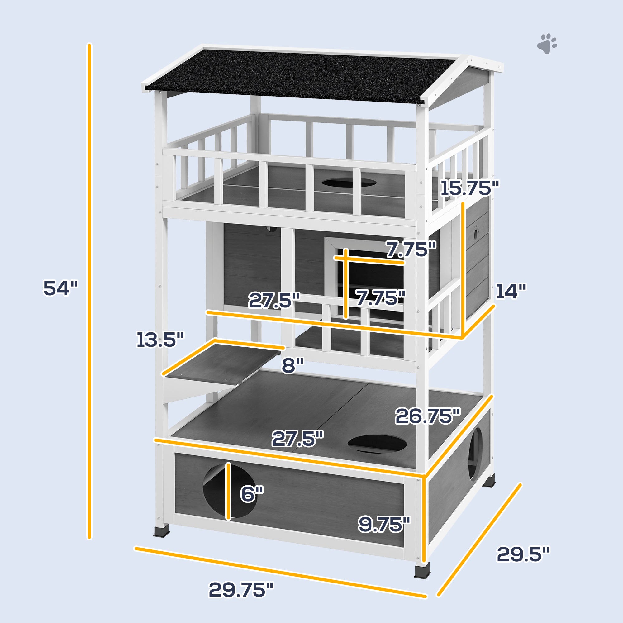 PawHut Wooden Outdoor Cat House, Feral Cat Shelter Kitten Condo with Asphalt Roof, Escape Doors, Condo, Jumping Platform, Light Gray