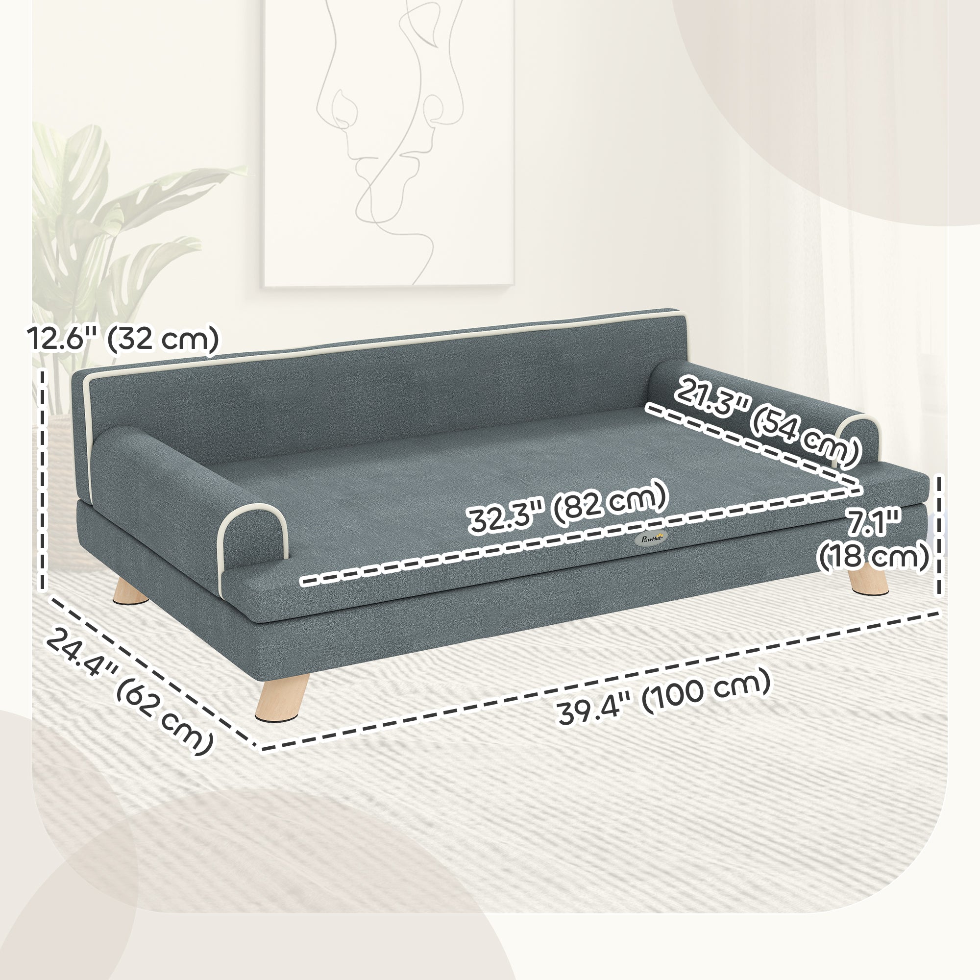 Dog Sofa, 39" Cat Couch with Removable Cushion, Washable Cover, Wooden Legs, Elevated Pet Cat Sofa for Medium & Large Dogs, Dark Grey