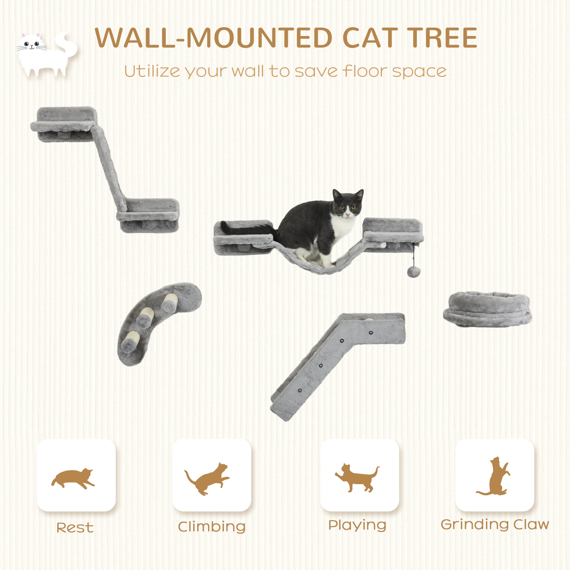 5Pcs Cat Wall Shelf with Scratching Post, Cat Wall Shelves for Relaxing, Climbing, Cat Wall With Soft Ladder, Cat Bed, Play Ball, Grey