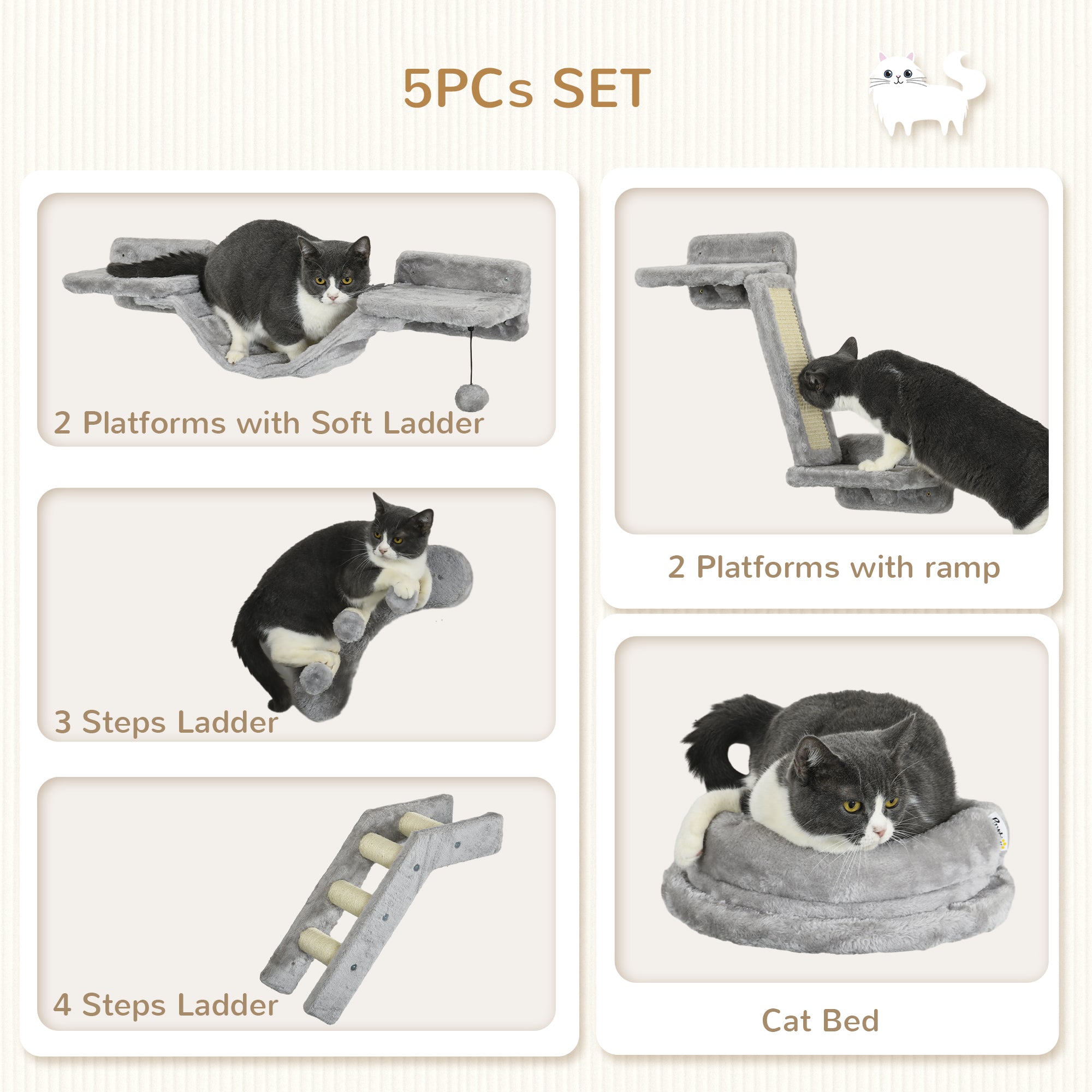 5Pcs Cat Wall Shelf with Scratching Post, Cat Wall Shelves for Relaxing, Climbing, Cat Wall With Soft Ladder, Cat Bed, Play Ball, Grey