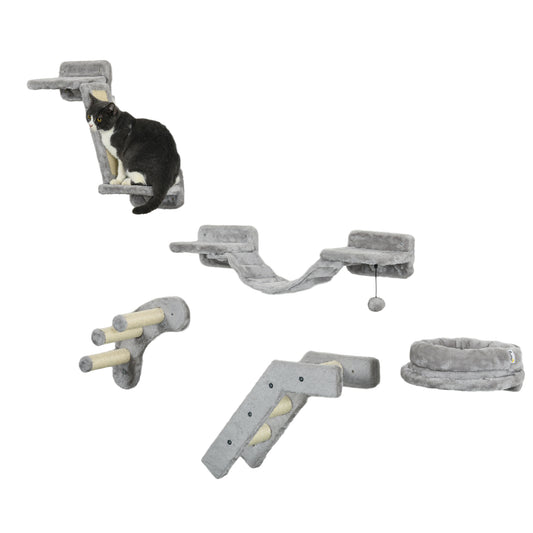 5Pcs Cat Wall Shelf with Scratching Post, Cat Wall Shelves for Relaxing, Climbing, Cat Wall With Soft Ladder, Cat Bed, Play Ball, Grey