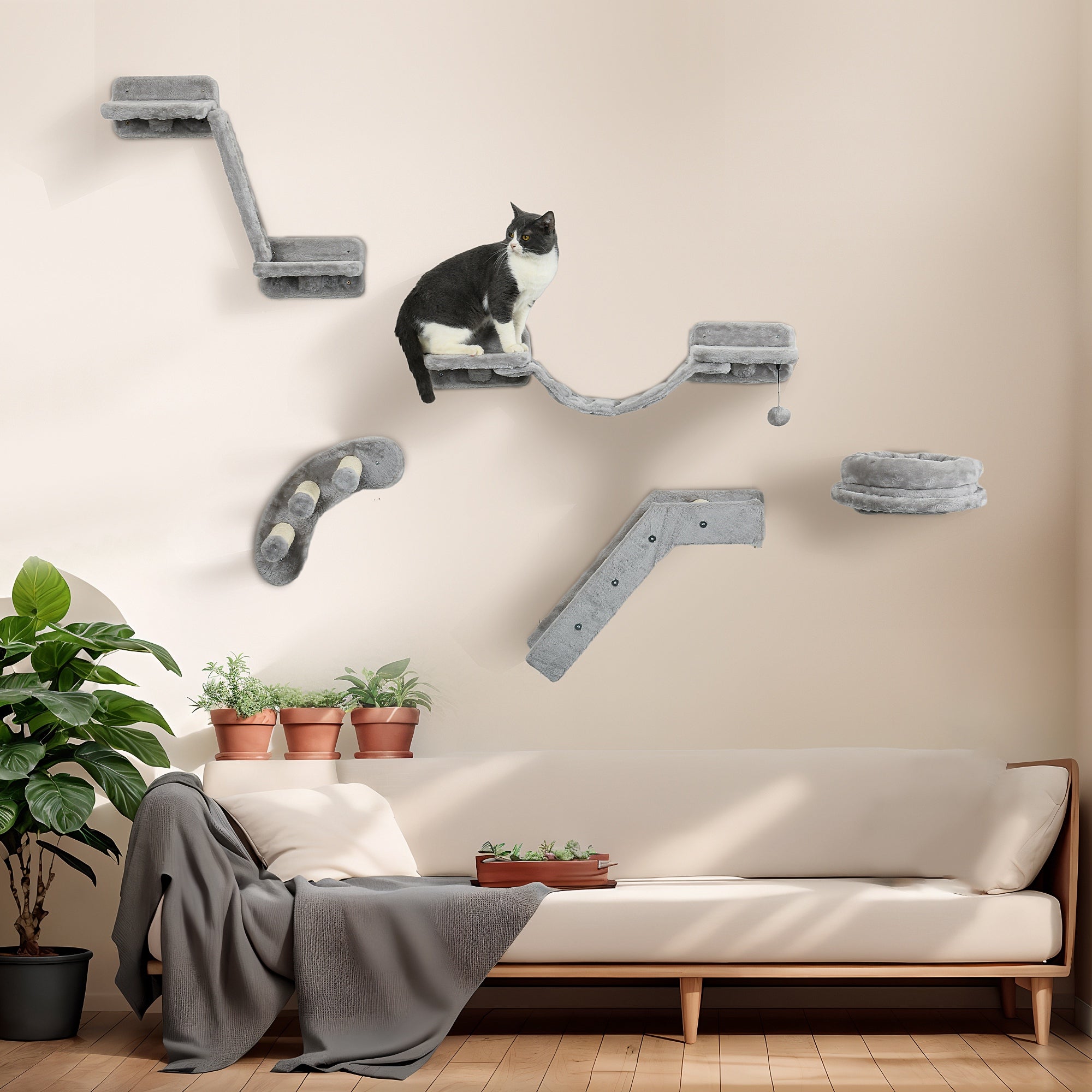 5Pcs Cat Wall Shelf with Scratching Post, Cat Wall Shelves for Relaxing, Climbing, Cat Wall With Soft Ladder, Cat Bed, Play Ball, Grey