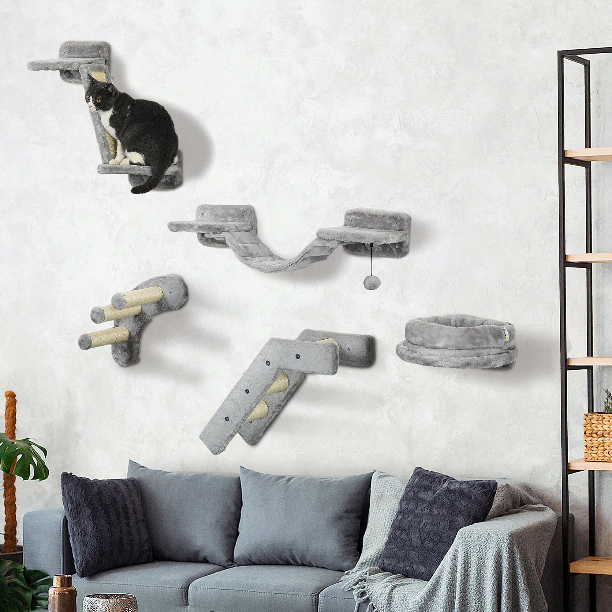5Pcs Cat Wall Shelf with Scratching Post, Cat Wall Shelves for Relaxing, Climbing, Cat Wall With Soft Ladder, Cat Bed, Play Ball, Grey