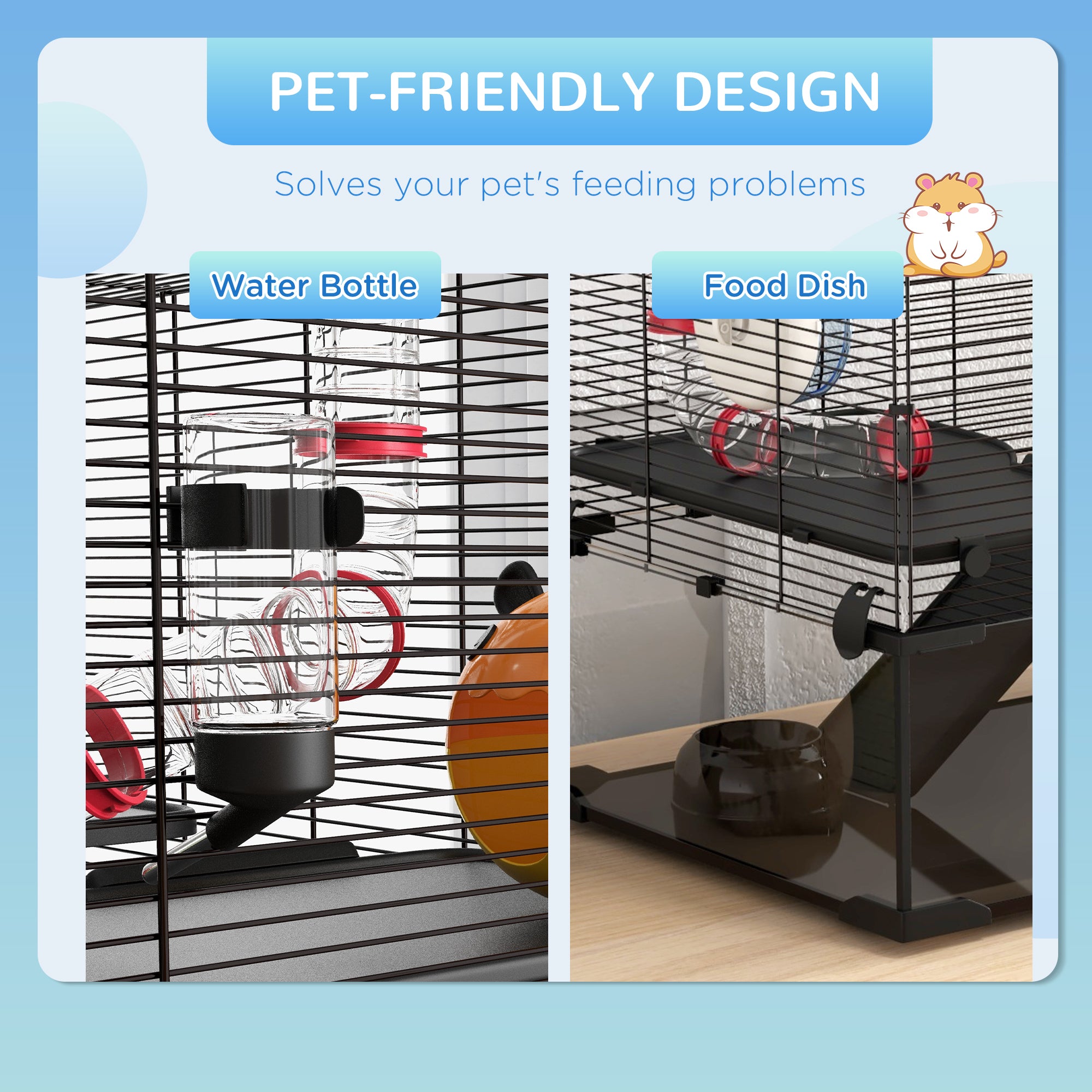 PawHut 31" Extra Large Hamster Cage with Tube Tunnel, Small Animal Cage for Dwarf Hamster, Rat, Gerbil Cage with Deep Glass Bottom, Water Bottle, Food Dish, Exercise Wheel, Ramps
