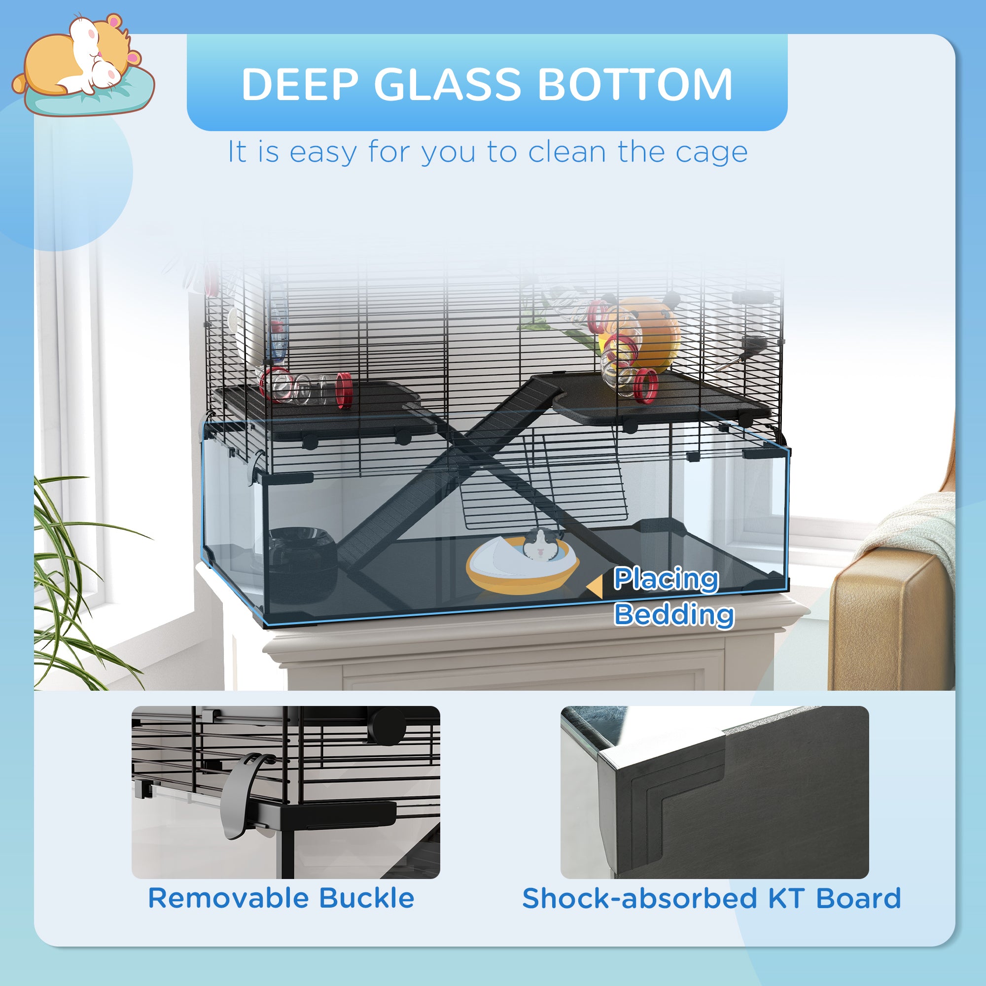PawHut 31" Extra Large Hamster Cage with Tube Tunnel, Small Animal Cage for Dwarf Hamster, Rat, Gerbil Cage with Deep Glass Bottom, Water Bottle, Food Dish, Exercise Wheel, Ramps