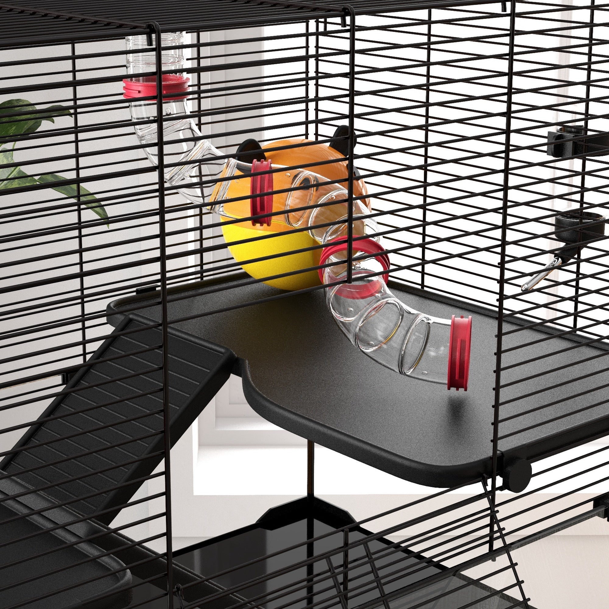 PawHut 31" Extra Large Hamster Cage with Tube Tunnel, Small Animal Cage for Dwarf Hamster, Rat, Gerbil Cage with Deep Glass Bottom, Water Bottle, Food Dish, Exercise Wheel, Ramps