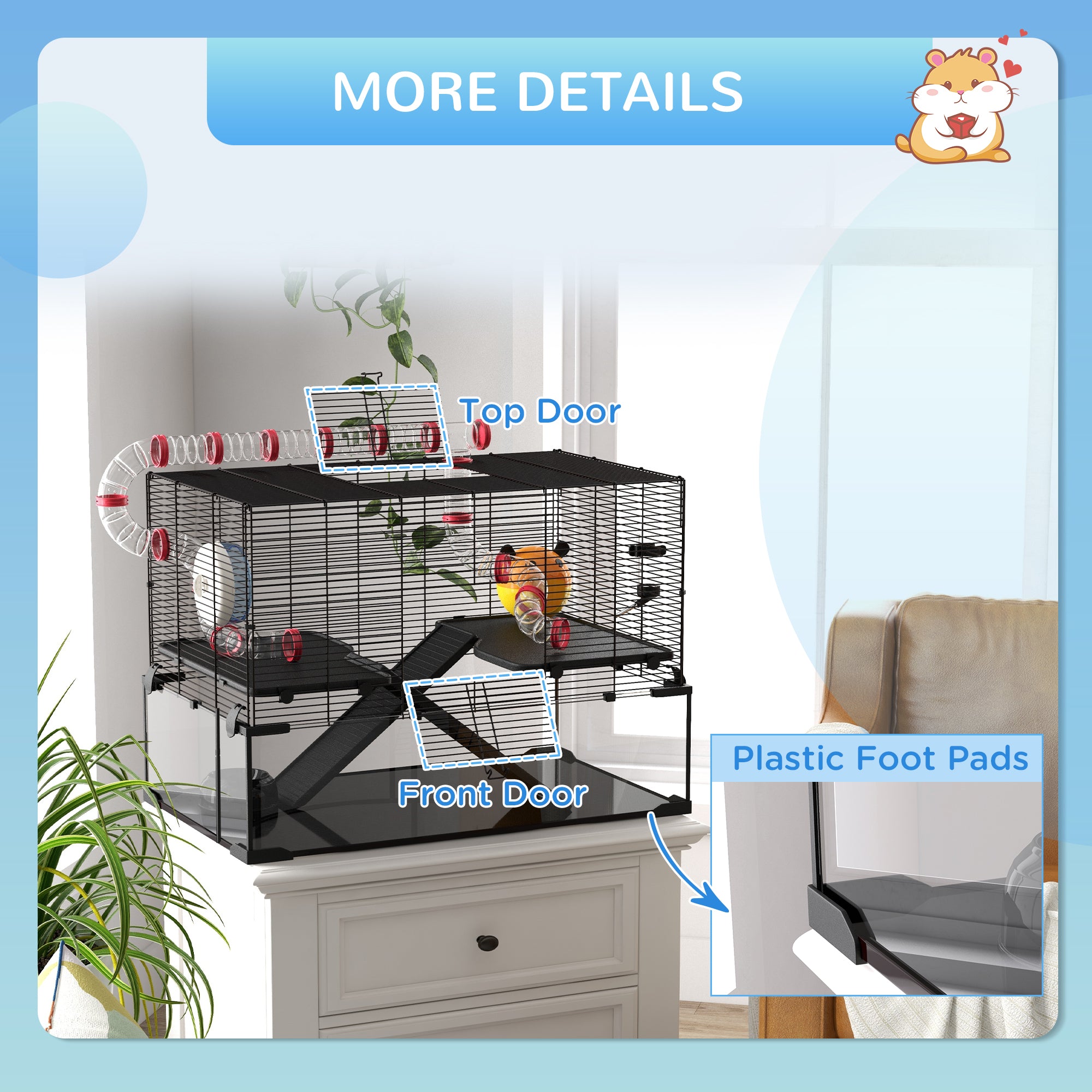 PawHut 31" Extra Large Hamster Cage with Tube Tunnel, Small Animal Cage for Dwarf Hamster, Rat, Gerbil Cage with Deep Glass Bottom, Water Bottle, Food Dish, Exercise Wheel, Ramps