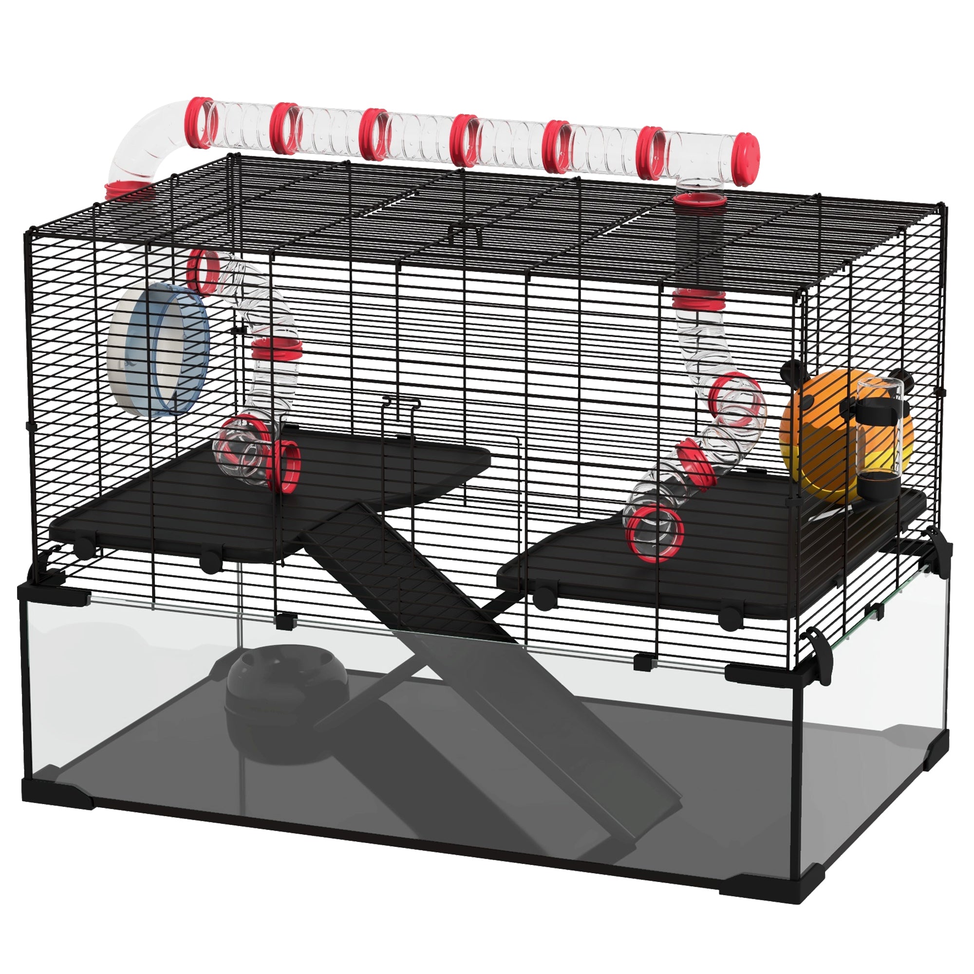 PawHut 31" Extra Large Hamster Cage with Tube Tunnel, Small Animal Cage for Dwarf Hamster, Rat, Gerbil Cage with Deep Glass Bottom, Water Bottle, Food Dish, Exercise Wheel, Ramps