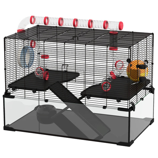 PawHut 31" Extra Large Hamster Cage with Tube Tunnel, Small Animal Cage for Dwarf Hamster, Rat, Gerbil Cage with Deep Glass Bottom, Water Bottle, Food Dish, Exercise Wheel, Ramps