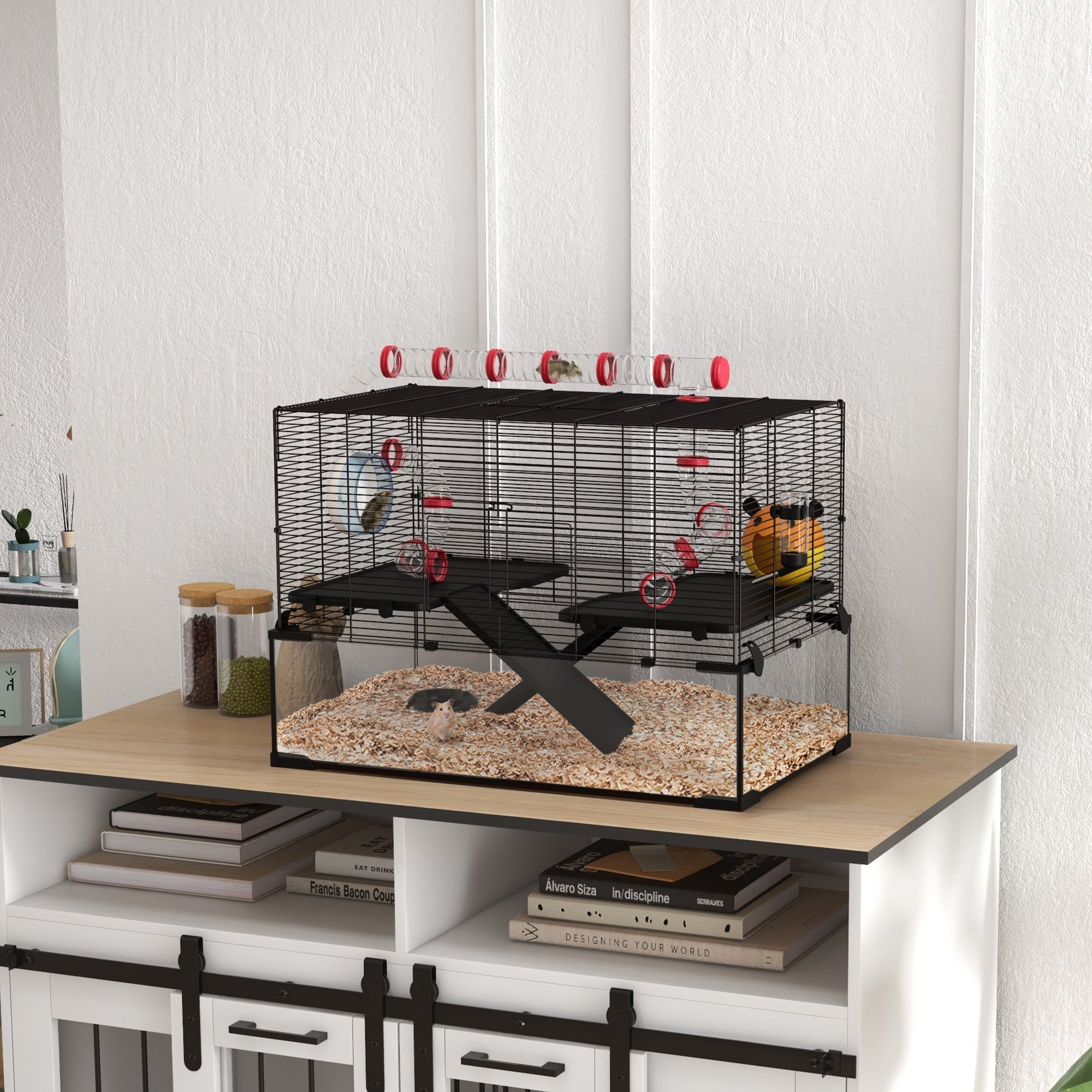 PawHut 31" Extra Large Hamster Cage with Tube Tunnel, Small Animal Cage for Dwarf Hamster, Rat, Gerbil Cage with Deep Glass Bottom, Water Bottle, Food Dish, Exercise Wheel, Ramps