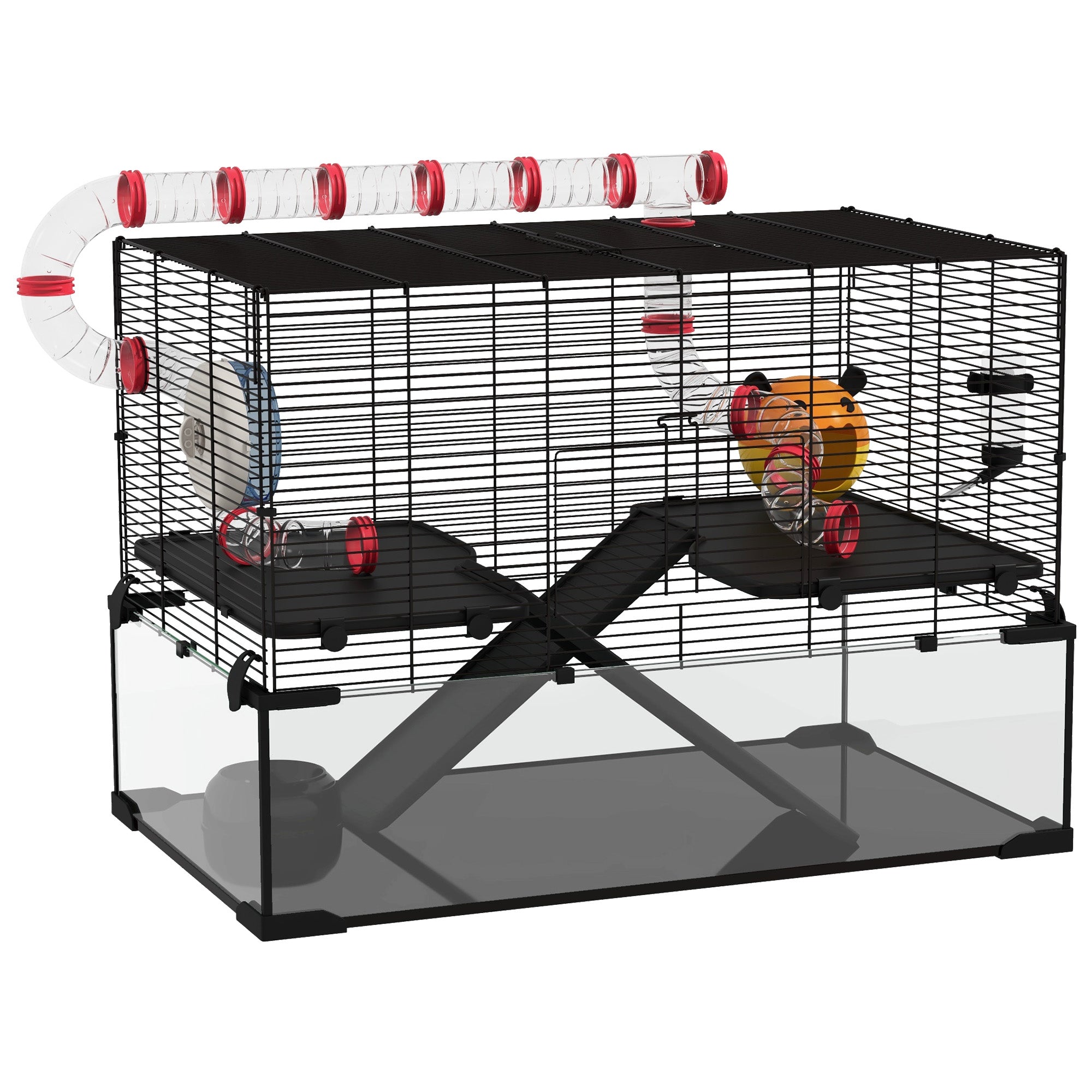 PawHut 31" Extra Large Hamster Cage with Tube Tunnel, Small Animal Cage for Dwarf Hamster, Rat, Gerbil Cage with Deep Glass Bottom, Water Bottle, Food Dish, Exercise Wheel, Ramps