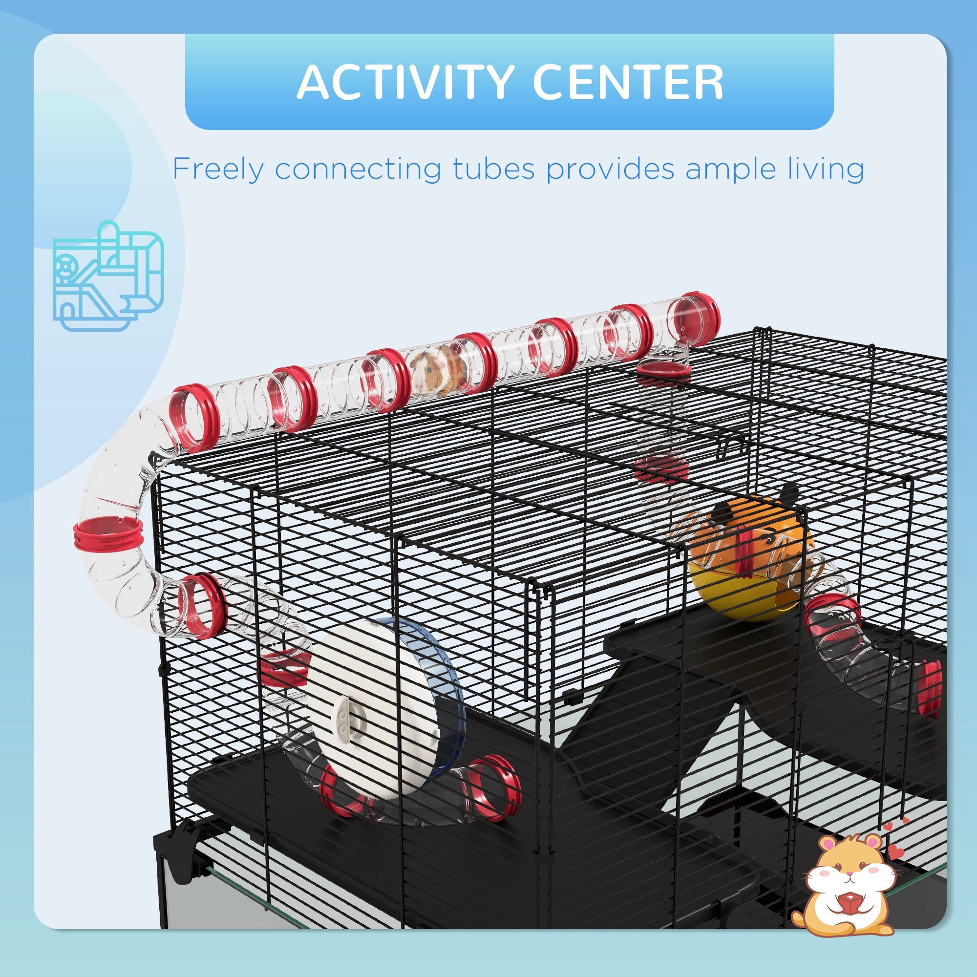 PawHut 31" Extra Large Hamster Cage with Tube Tunnel, Small Animal Cage for Dwarf Hamster, Rat, Gerbil Cage with Deep Glass Bottom, Water Bottle, Food Dish, Exercise Wheel, Ramps