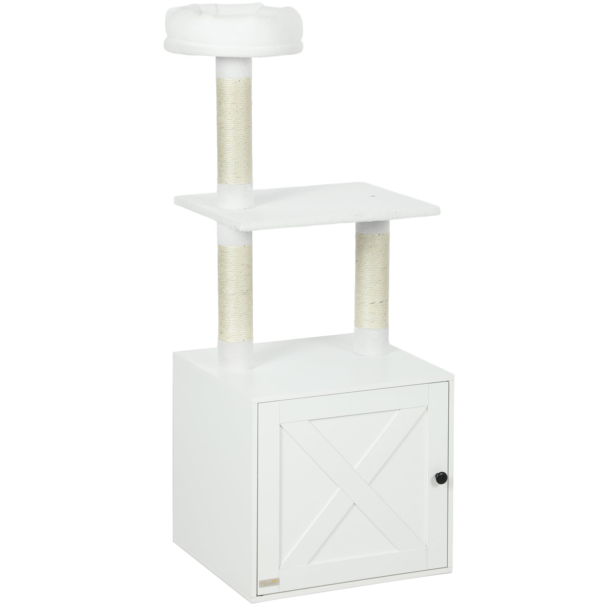 Cat Tree with Litter Box Enclosure, Hidden Cat Tower with Sisal Covered Scratching Posts, Large Platform, Bed, Modern Furniture for Indoor Kittens, White