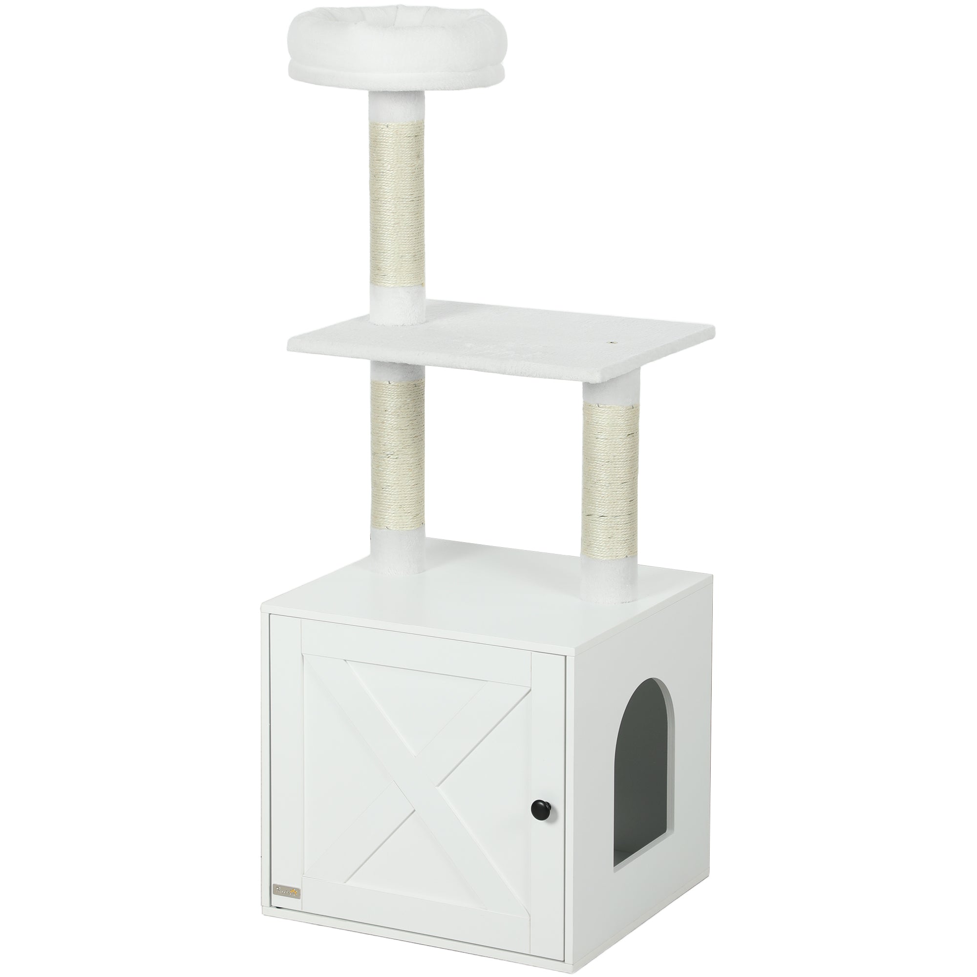 Cat Tree with Litter Box Enclosure, Hidden Cat Tower with Sisal Covered Scratching Posts, Large Platform, Bed, Modern Furniture for Indoor Kittens, White