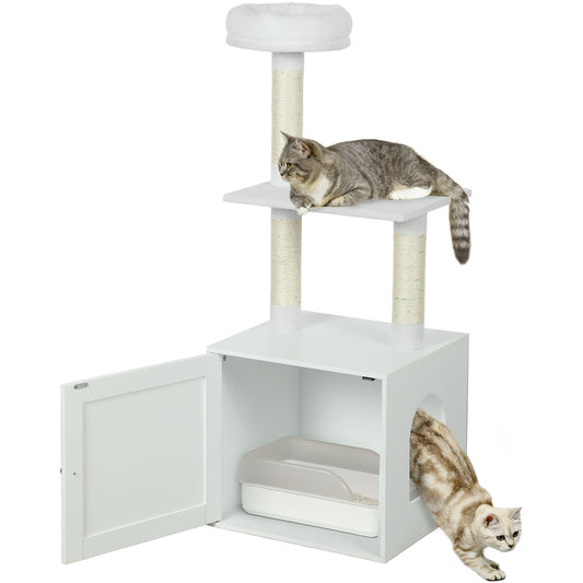Cat Tree with Litter Box Enclosure, Hidden Cat Tower with Sisal Covered Scratching Posts, Large Platform, Bed, Modern Furniture for Indoor Kittens, White