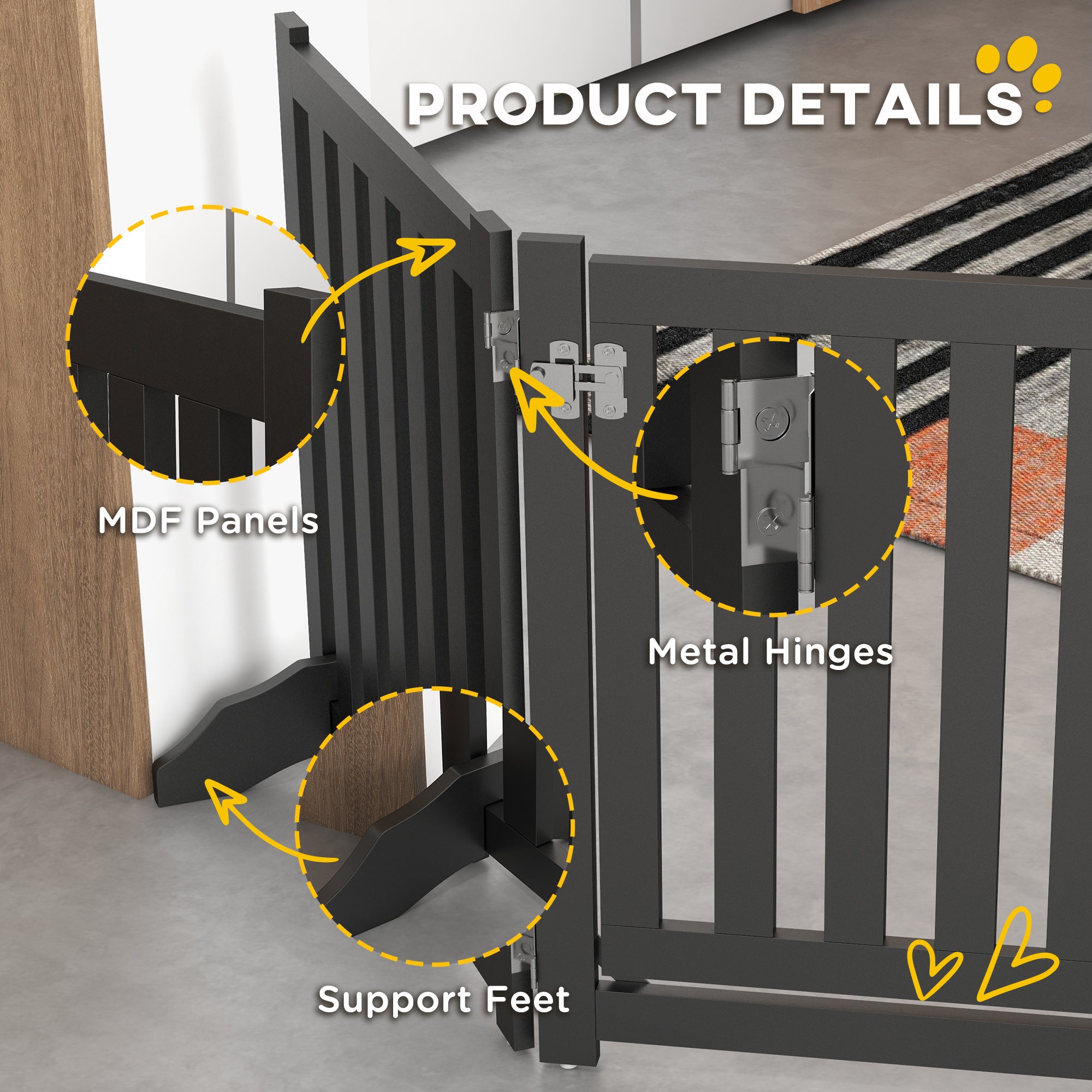 23.5"H Foldable Dog Gate with Door, 4 Panels Freestanding Pet Gate Barriers Indoor with Support Feet, Puppy Fence for Small Dogs, Black